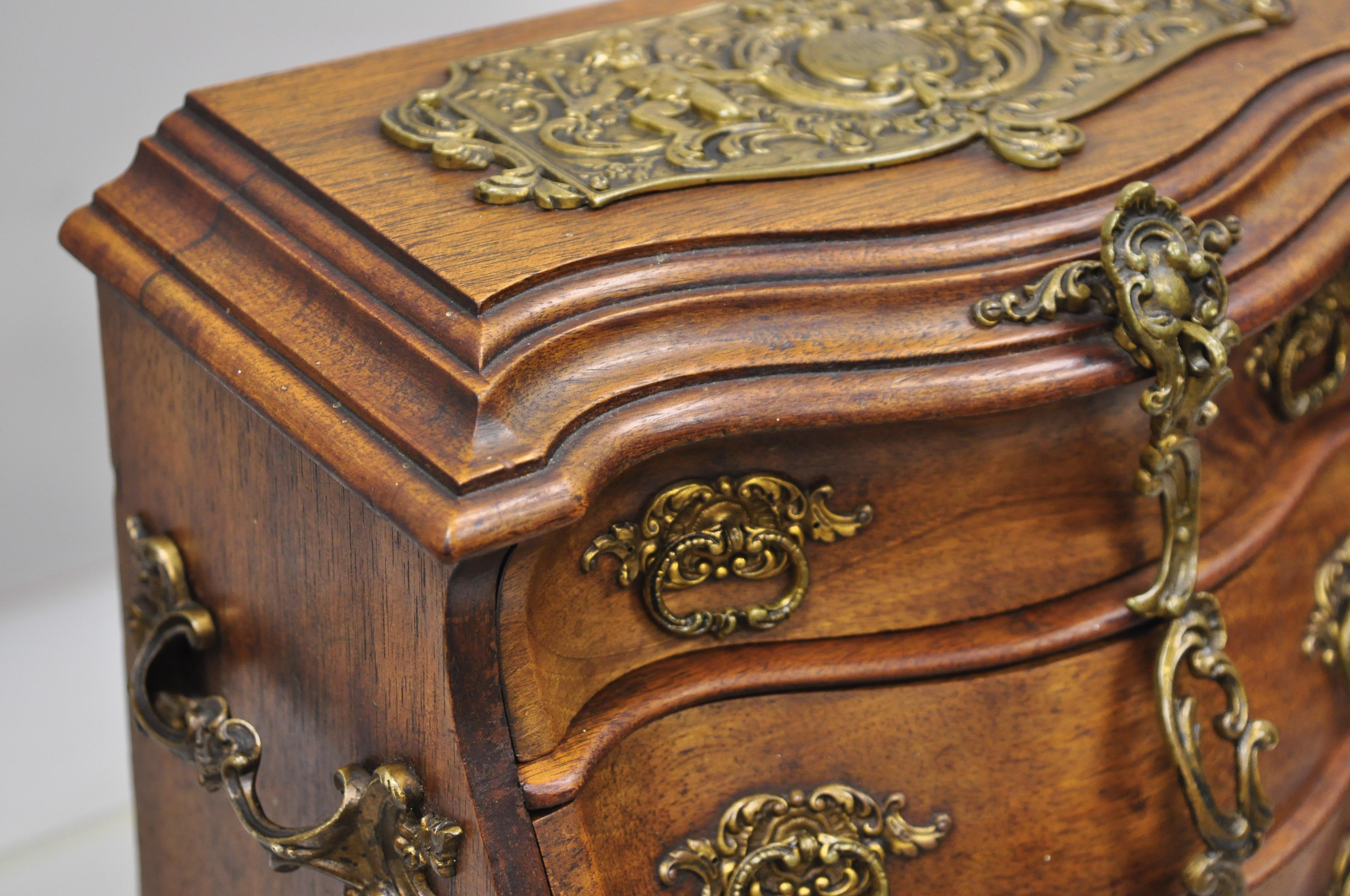 Rococo Antique Miniature Mahogany & Brass Continental Bombe Jewelry Box Chest