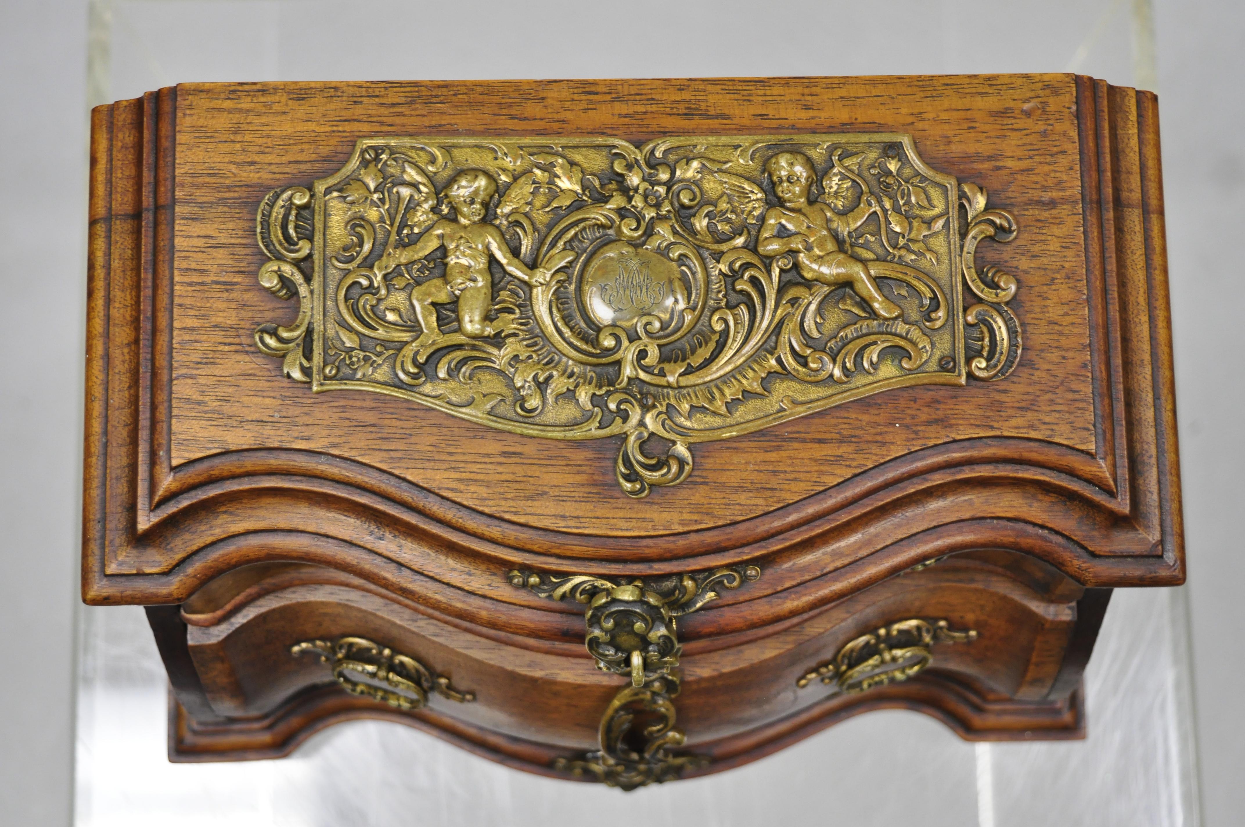 Italian Antique Miniature Mahogany & Brass Continental Bombe Jewelry Box Chest