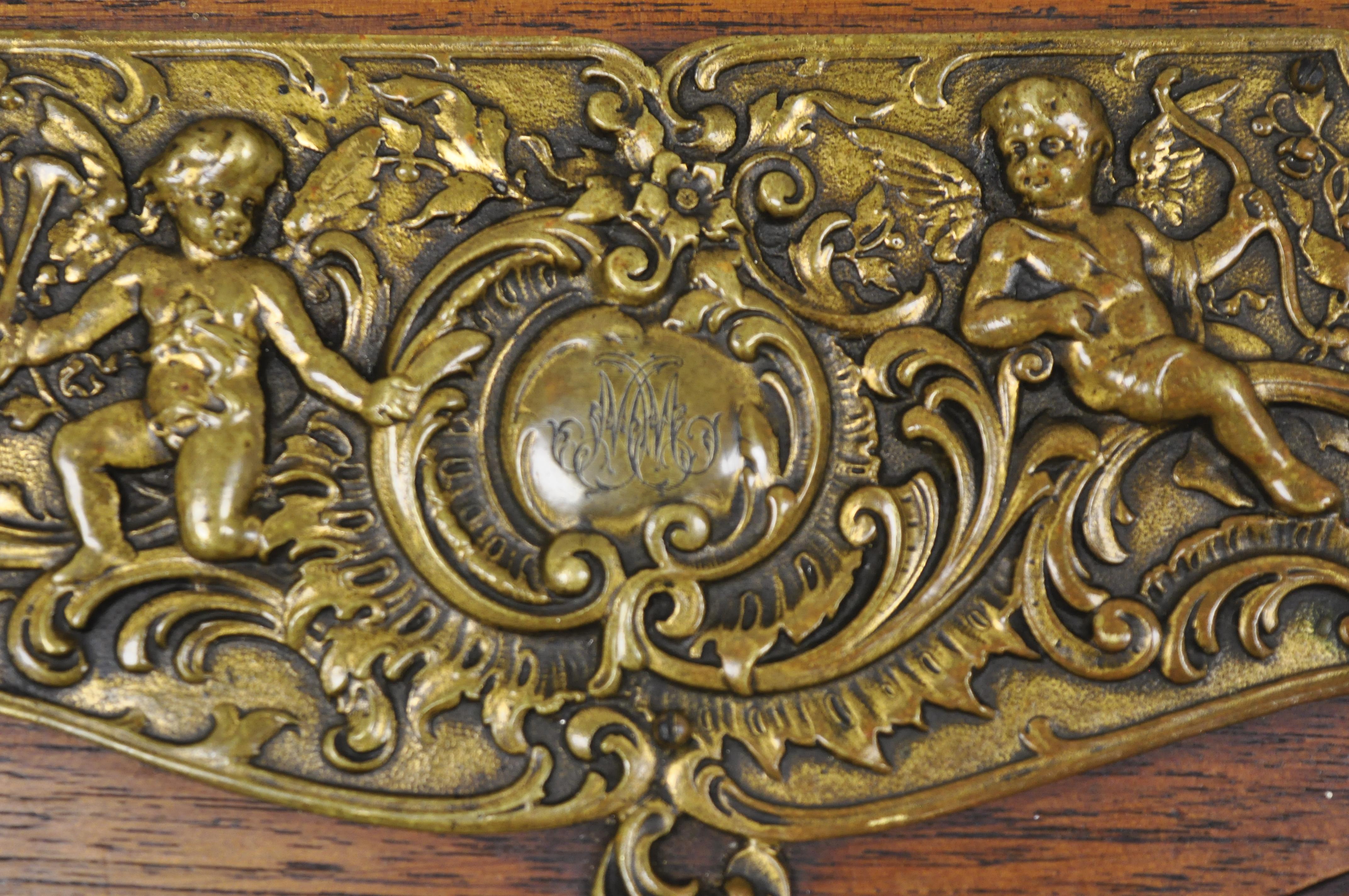 Antique Miniature Mahogany & Brass Continental Bombe Jewelry Box Chest In Good Condition In Philadelphia, PA