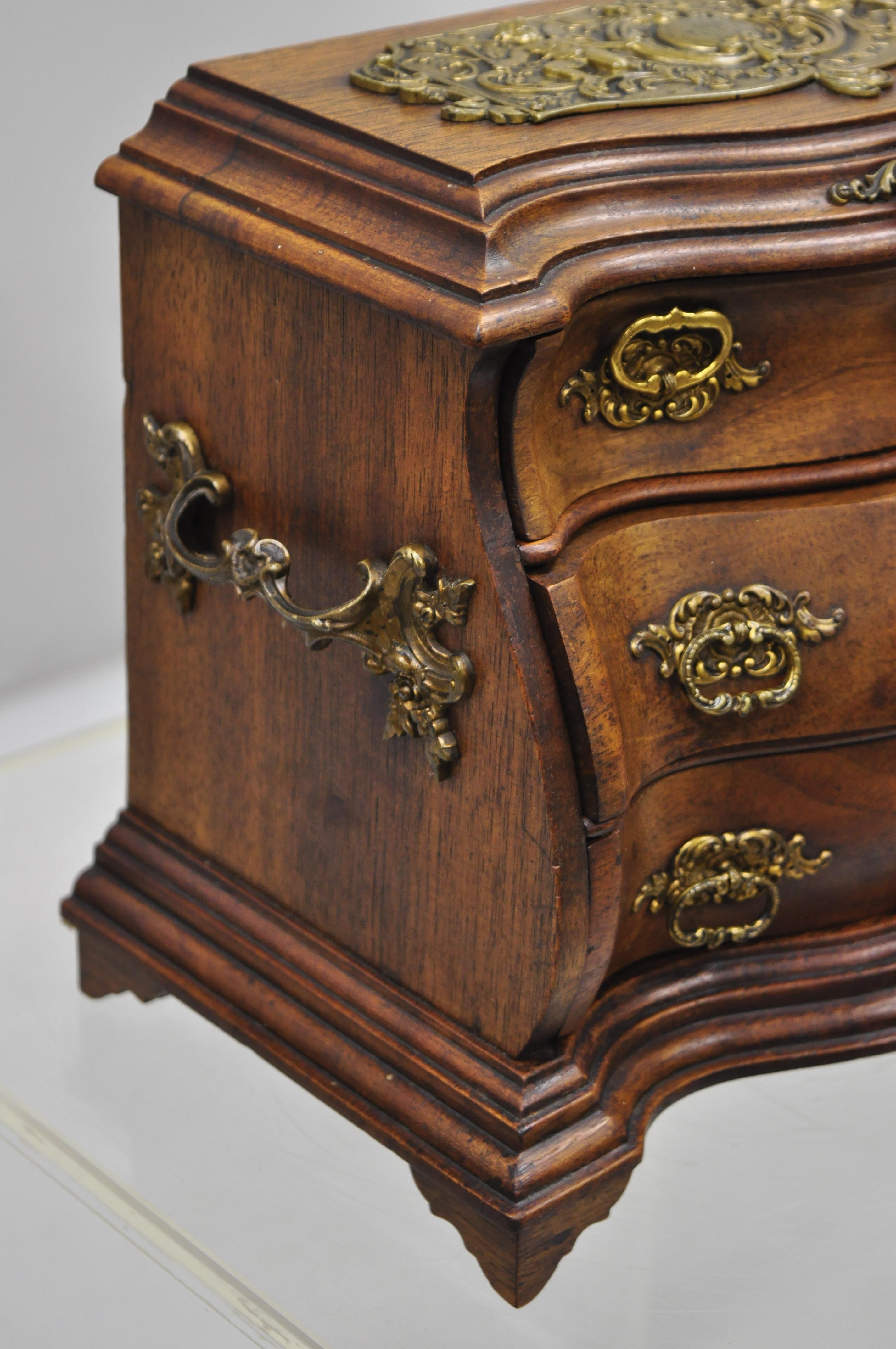 20th Century Antique Miniature Mahogany & Brass Continental Bombe Jewelry Box Chest