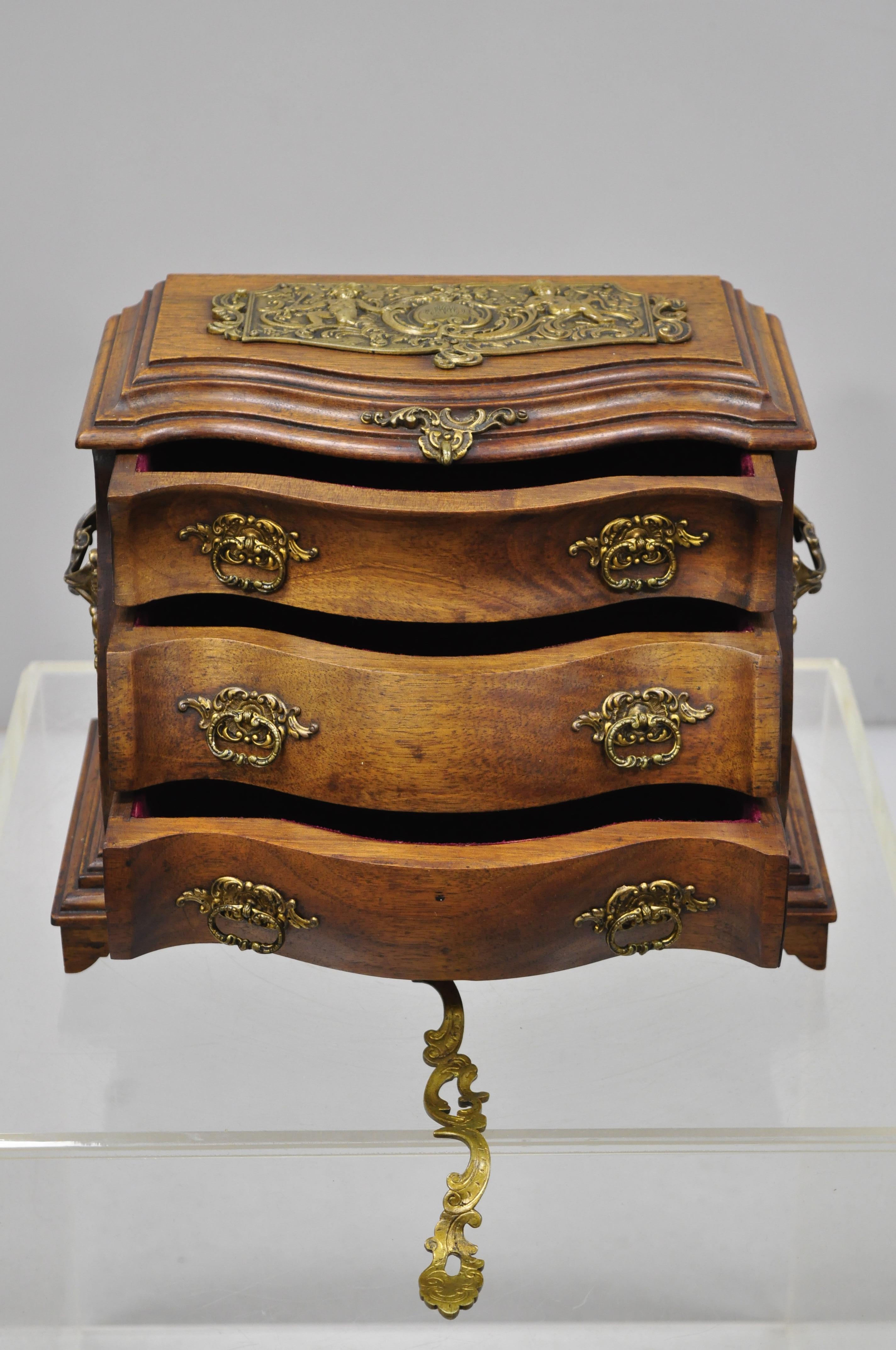 Antique Miniature Mahogany & Brass Continental Bombe Jewelry Box Chest 1