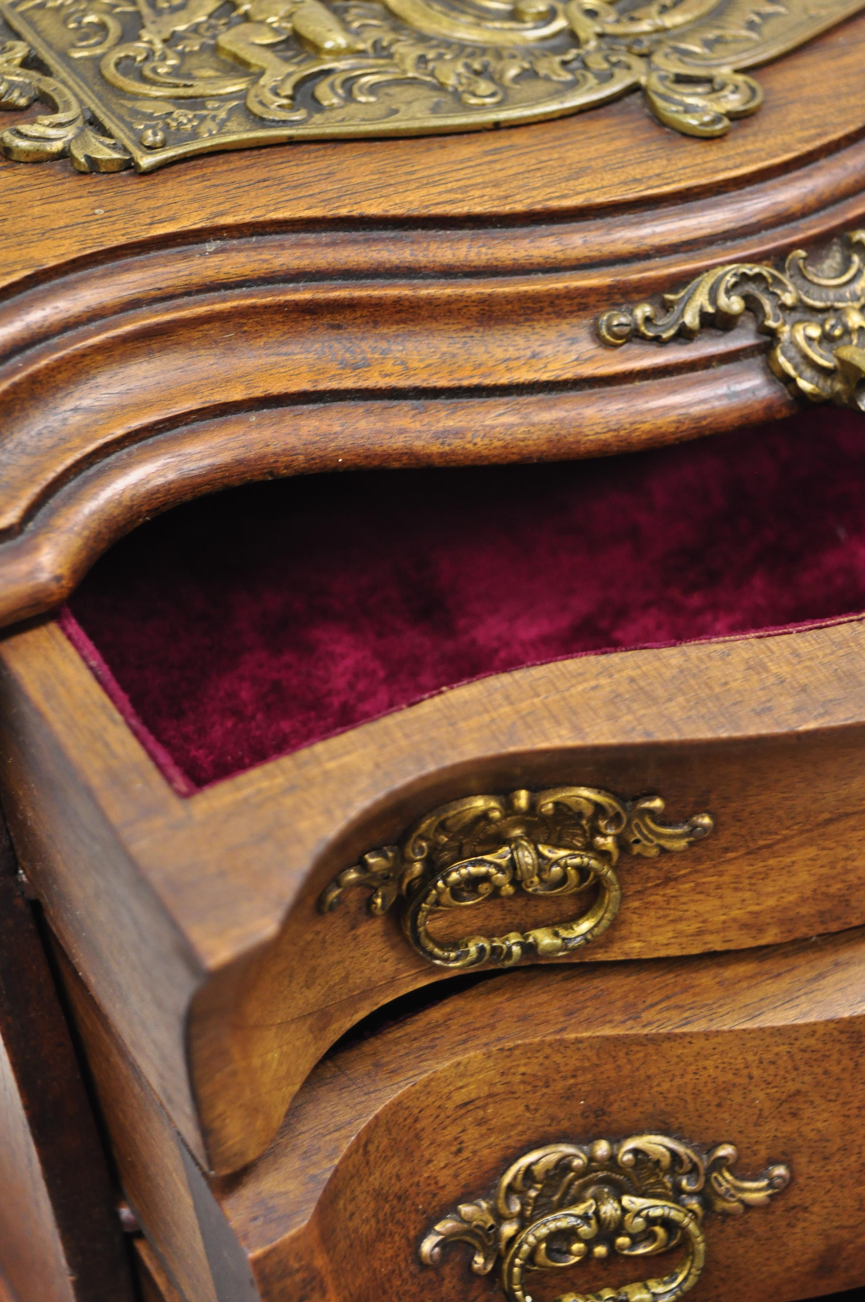Antique Miniature Mahogany & Brass Continental Bombe Jewelry Box Chest 2