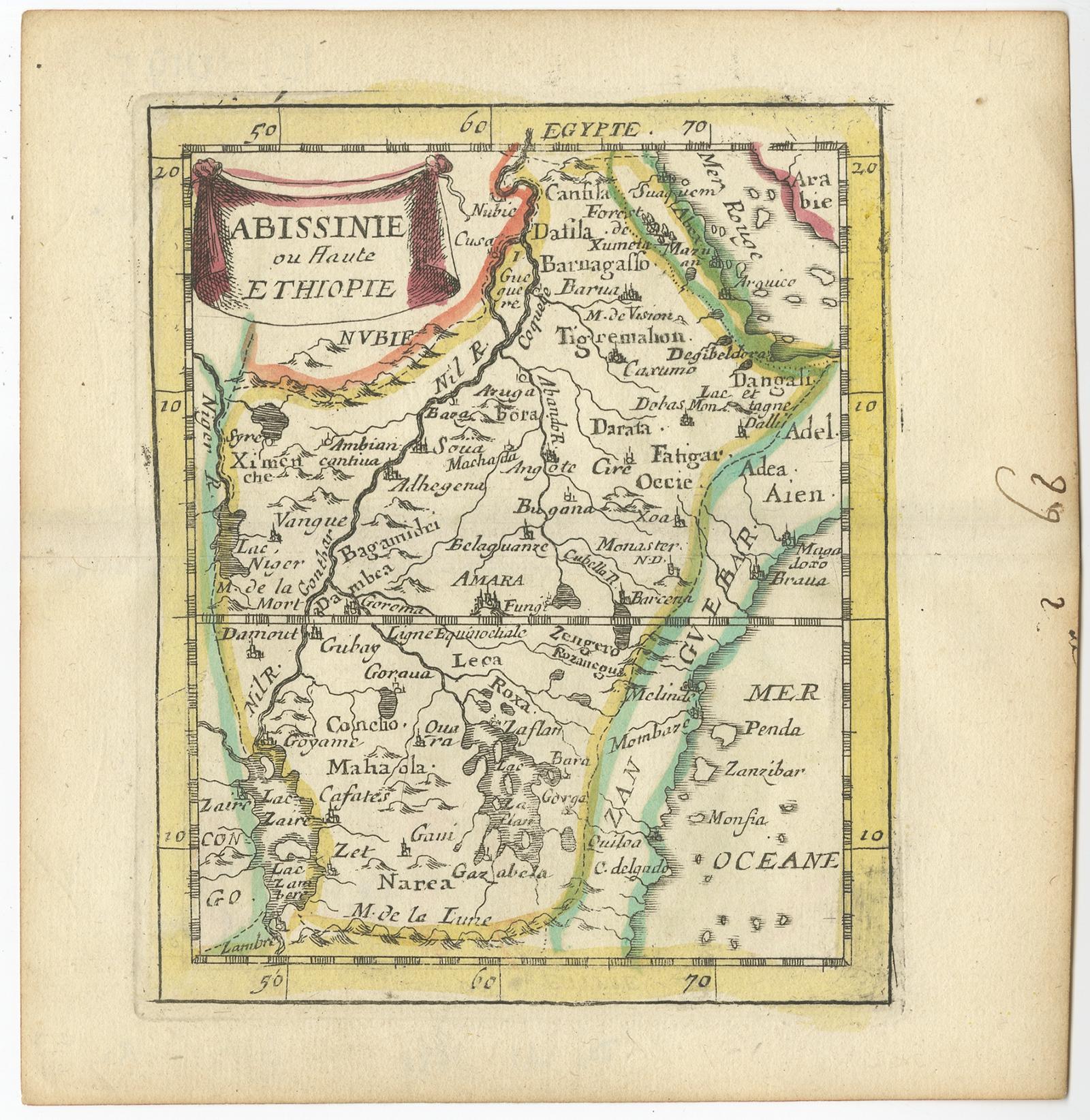Antique map titled 'Abissinie ou Haute Ethiopie'. Miniature map of Ethiopia, this map originates from 'La Geographie Universelle' by P. Du Val. 

Artists and Engravers: Pierre Duval (1619-1683) was one of the most influential and prolific