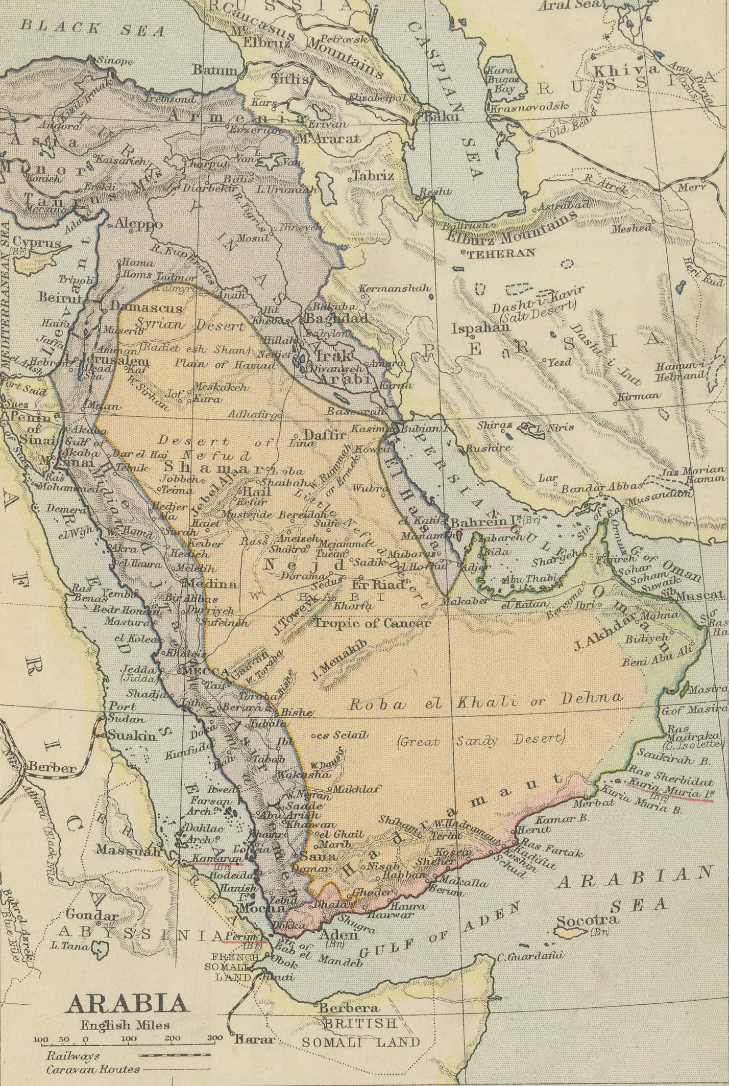 Antique Miniature Map of Arabia, Johnston 1909, Middle East Ottoman Peninsula