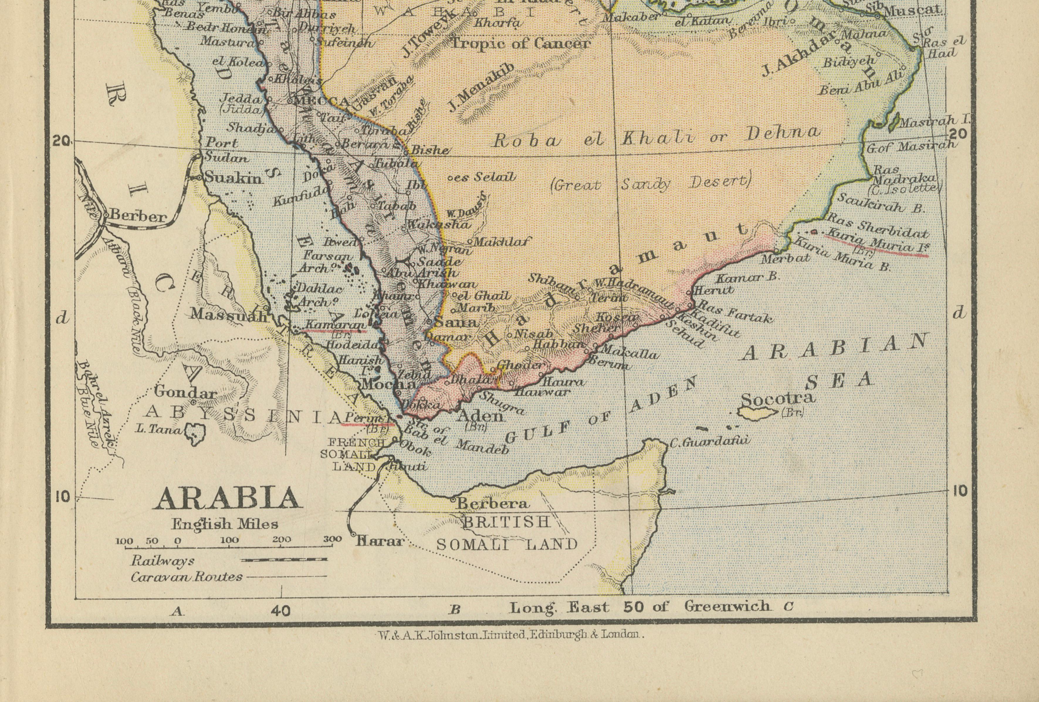 Antique Miniature Map of Arabia, Johnston 1909, Middle East Ottoman Peninsula