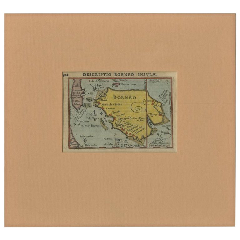 Mapa antiguo en miniatura de Borneo, incluido Kalimantan, Indonesia, c.1610 en venta