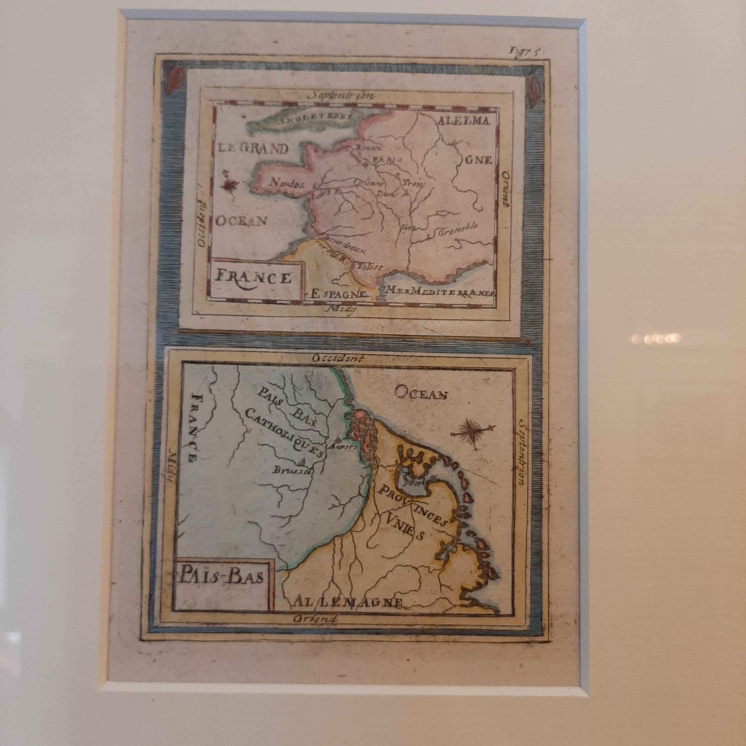 Antique map titled 'France - Païs-Bas'. Miniature Map of France and the Low Countries. Published by A.M. Mallet, circa 1719.

Frame included. We carefully pack our framed items to ensure safe shipping.