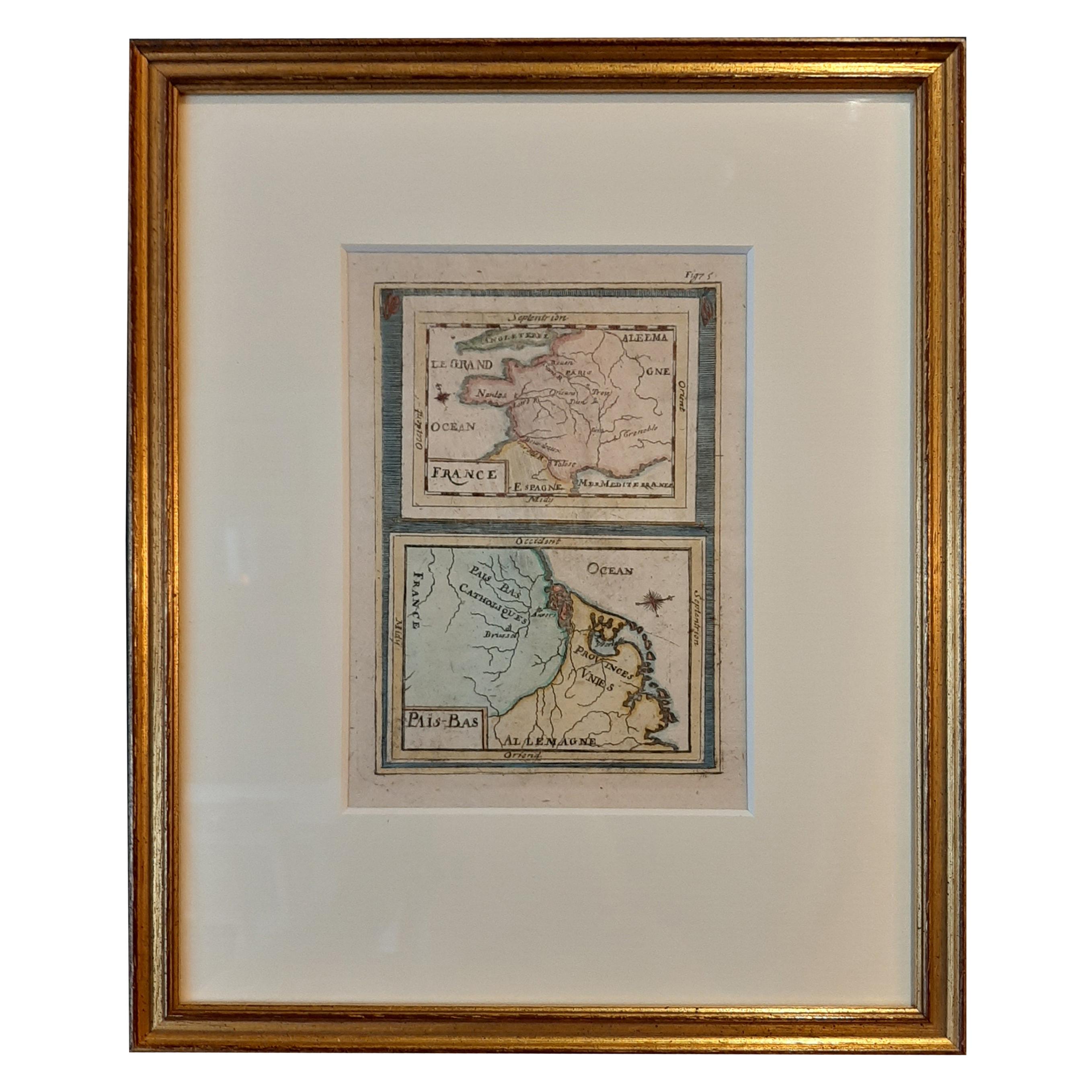 Antique Miniature Map of France and the Low Countries by Mallet, circa 1719 For Sale