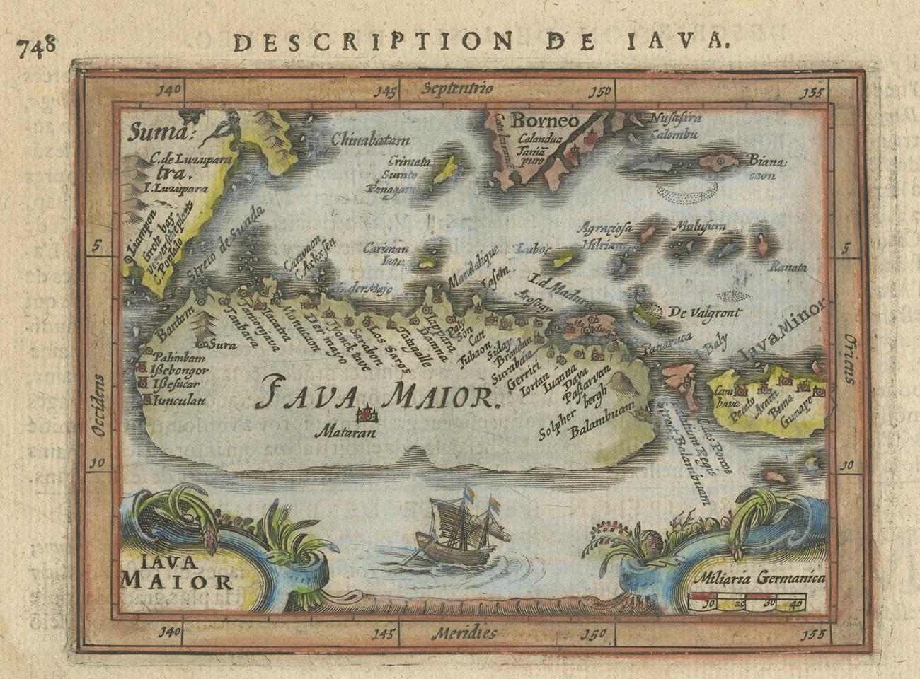 Rare antique miniature map titled 'Iava Maior'. This map shows the northern coastline of Java (Indonesia) with numerous place names, but the southern coastline is entirely conjectural. Engraved by P. Bertius. Published by J. Hondius Jr. in a French