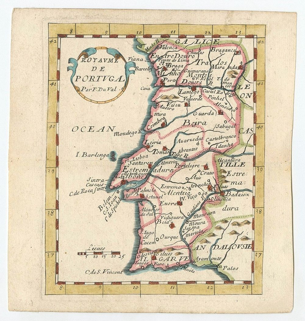 Antique Miniature Map of Portugal by Pierre Du Val, Paris - Hand-Colored ca.1680