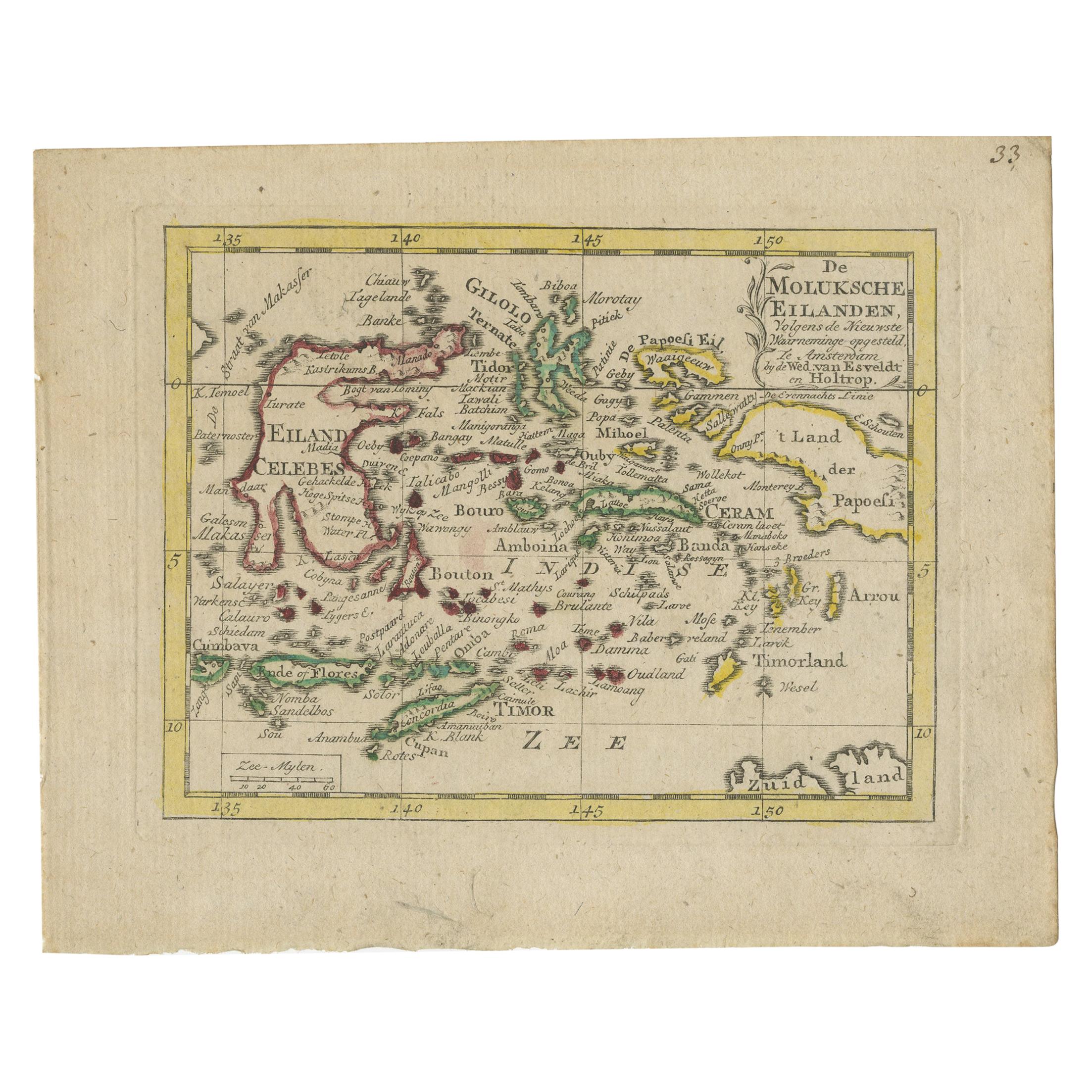 Carte miniature ancienne des îles Maluku par Van Esveldt & Holtrop, vers 1790 en vente