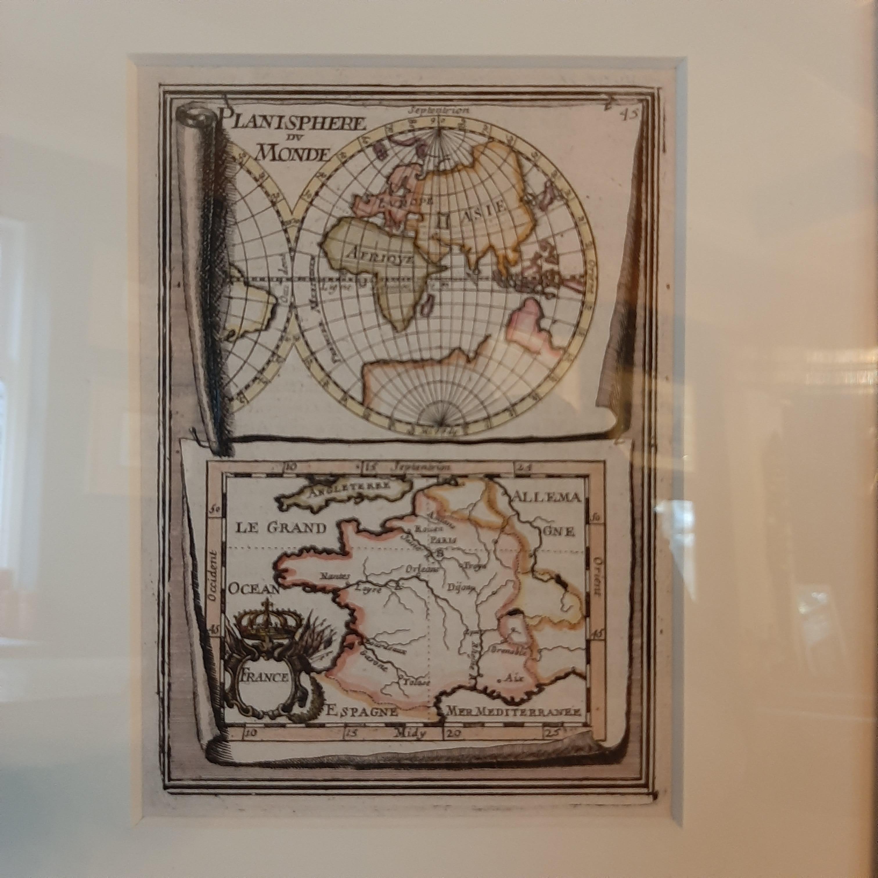 Antique map titled 'Planisphere du Monde - France'. Two miniature maps on one sheet. The upper map shows a hemisphere of the Old World. The lower map shows France. This map originates from 'Description de l'Univers' by A.M. Mallet. Published circa
