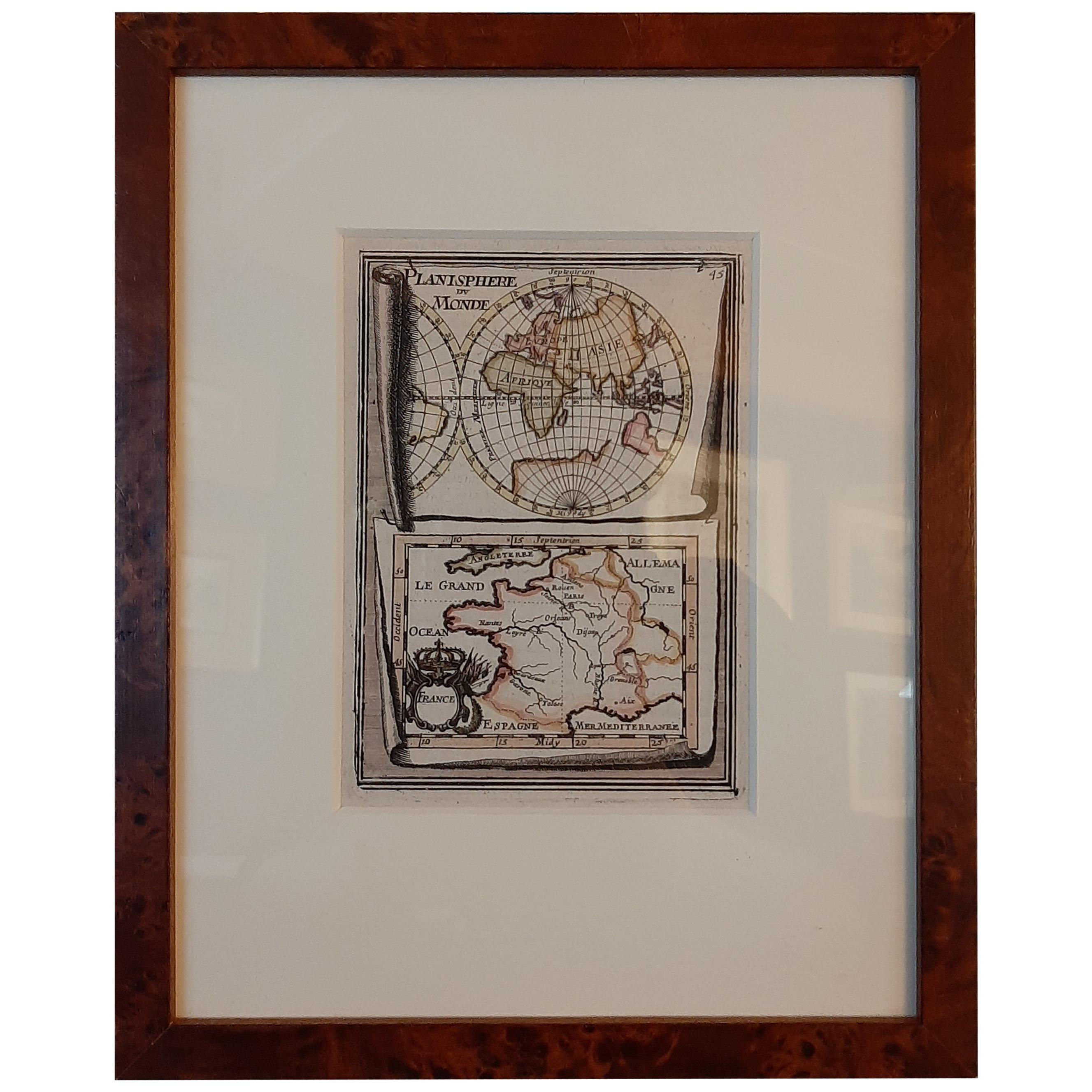 Antique Miniature Map of the Old World and France by Mallet, circa 1683 For Sale