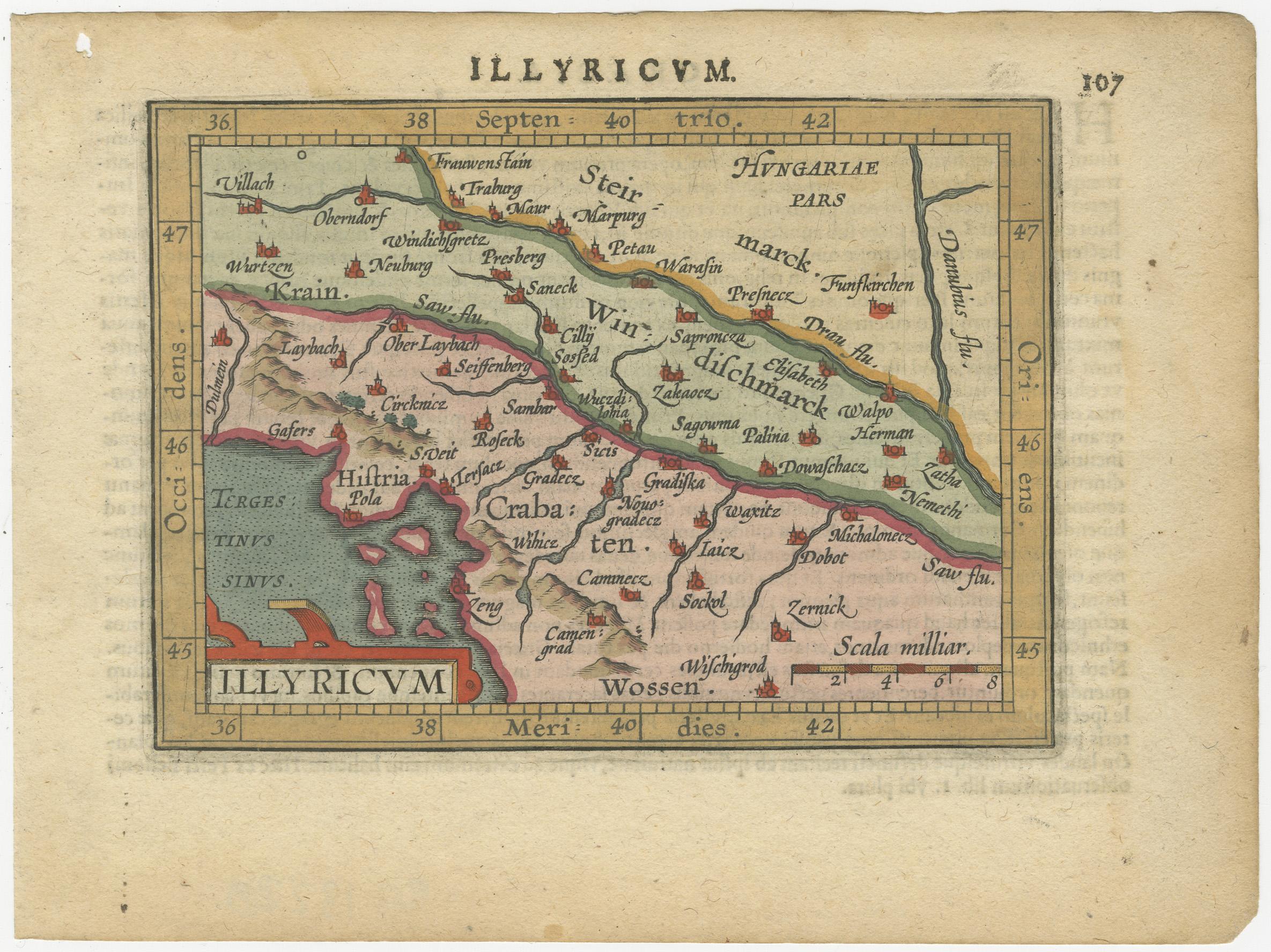 Antike Miniaturkarte mit dem Titel 'Illyricum'. Kleine Originalkarte von Illyricum. Die römische Provinz Illyricum erstreckte sich vom Fluss Drilon (dem Drin, im heutigen Albanien) im Süden bis nach Istrien (dem heutigen Slowenien und Kroatien) im