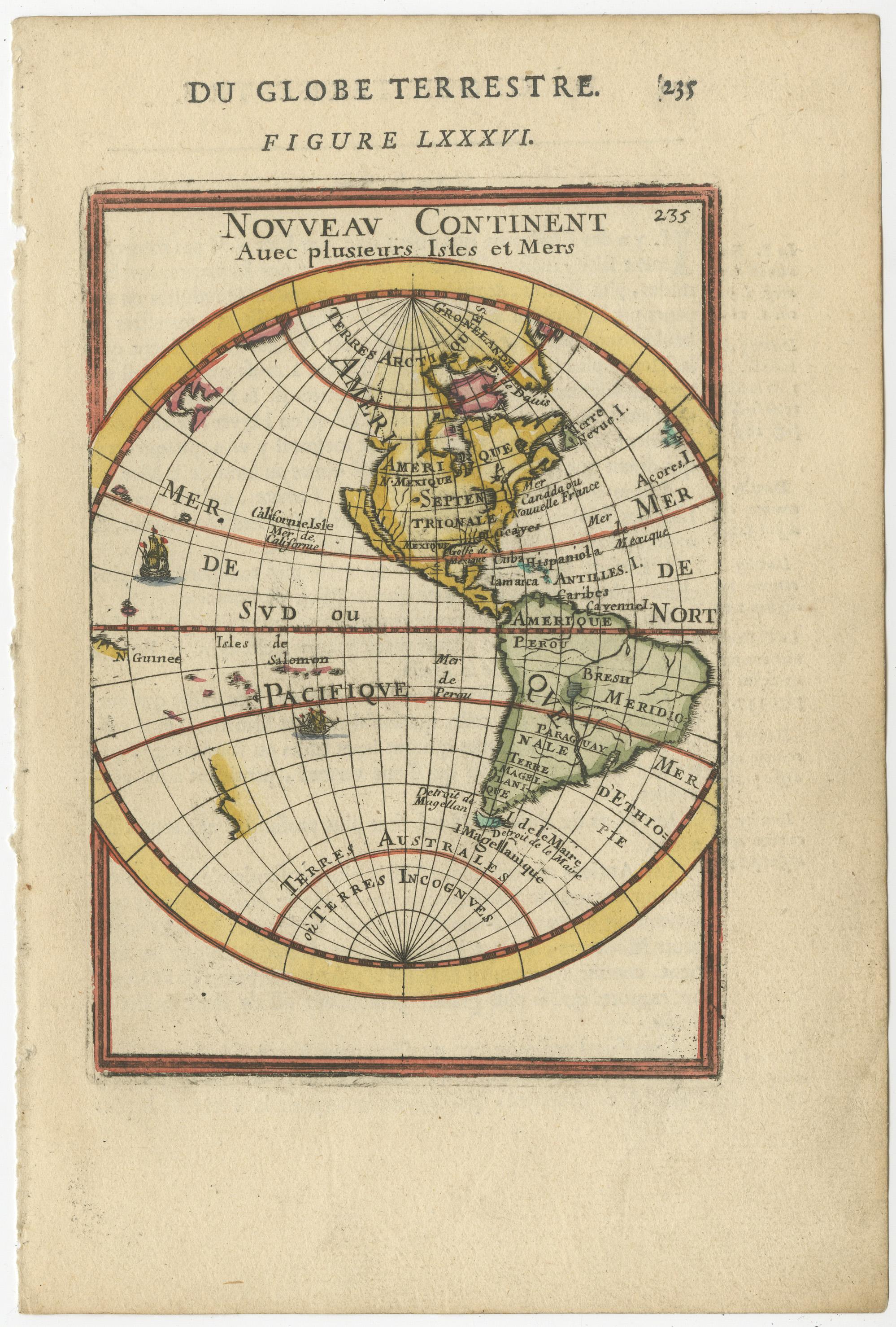 Antique miniature map titled 'Nouveau Continent avec plusieurs Isles et Mers'. Decorative map of the Western Hemisphere, published by Alain Manesson Mallet. The map shows California as an Island, no Northwest Coast of America and an incomplete New