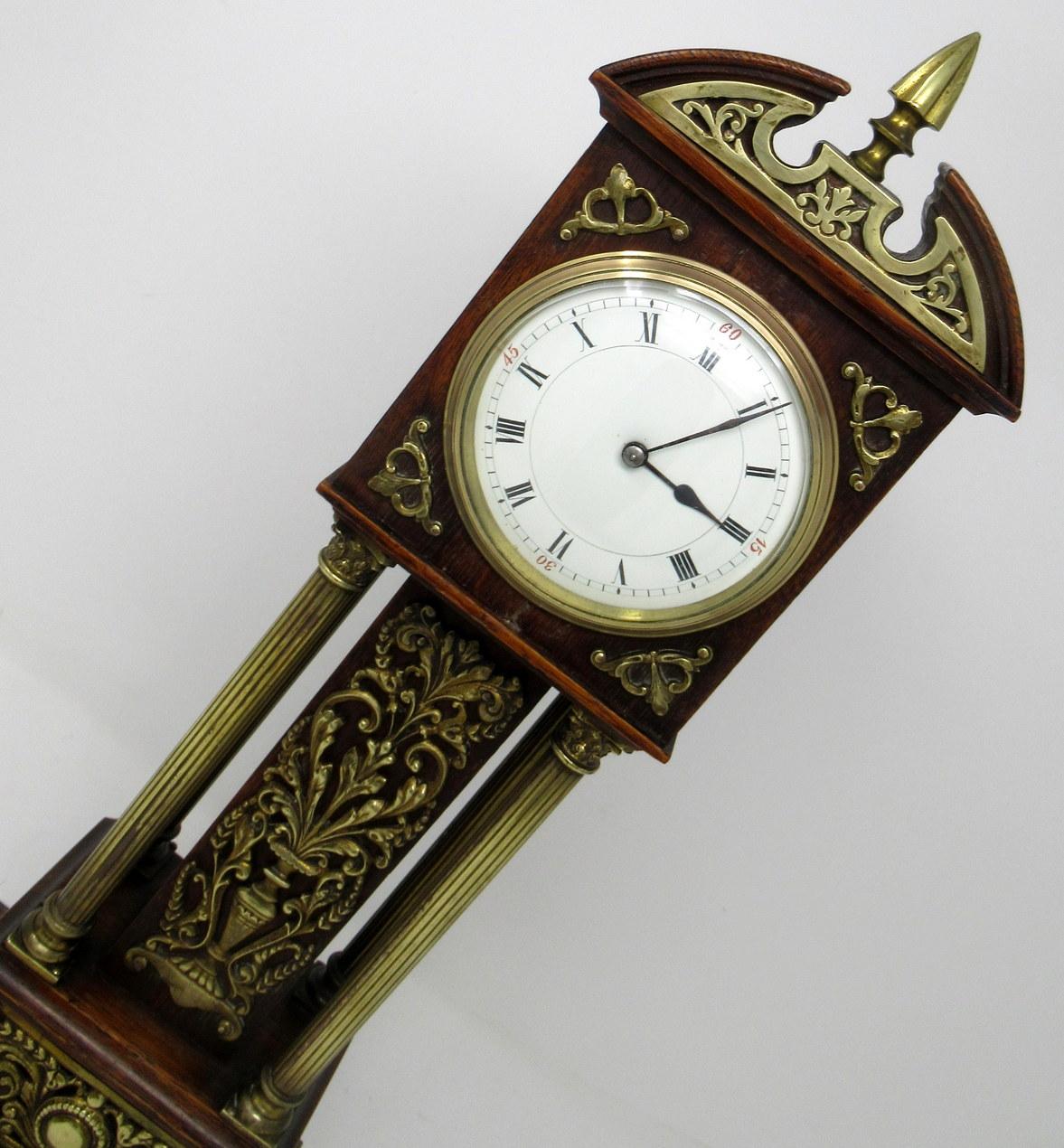 Polished Antique Miniature Oak Brass Mounted Longcase English Mantle Clock, 19th Century