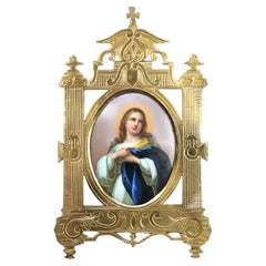 Antique Miniature Painting on Porcelain of The Virgin Mary In Gilt Bronze Frame