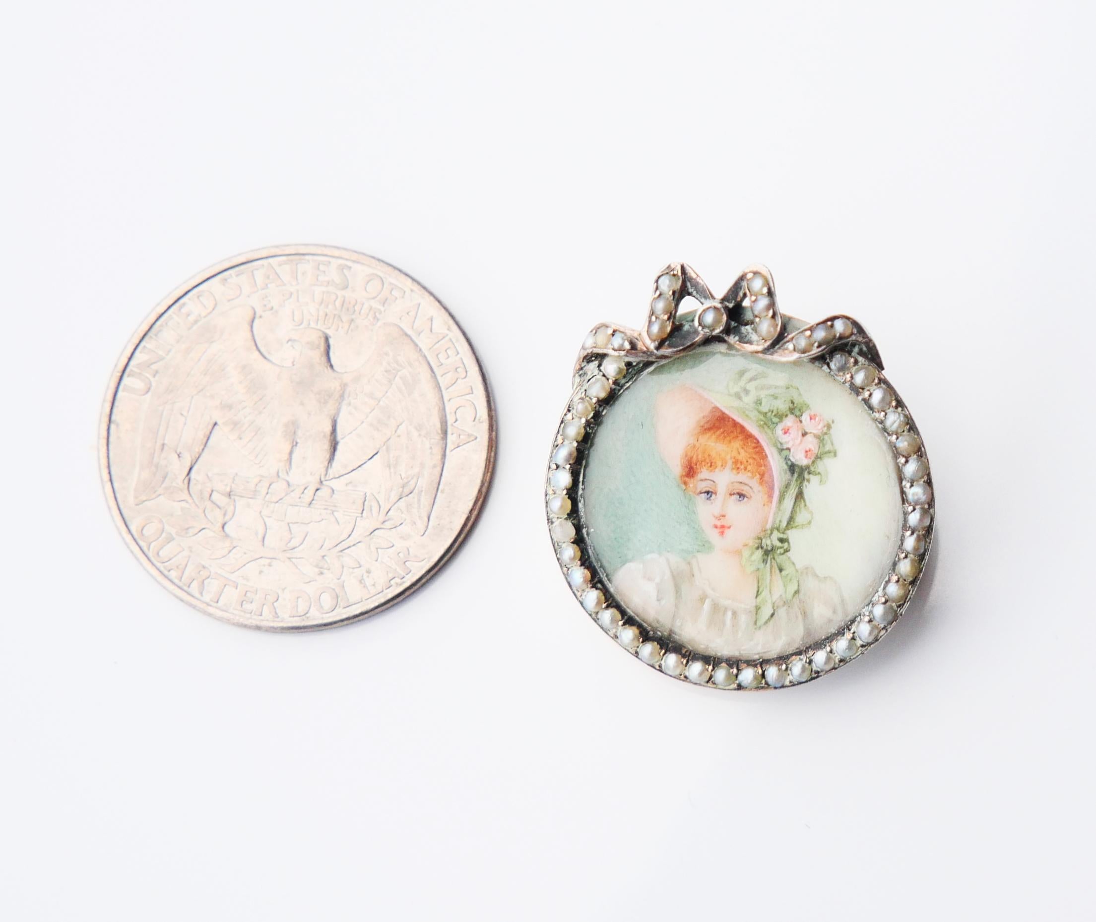 Antique Miniature Painting Pendentif Broche Seed Pearls Silver / 5.7 gr en vente 5