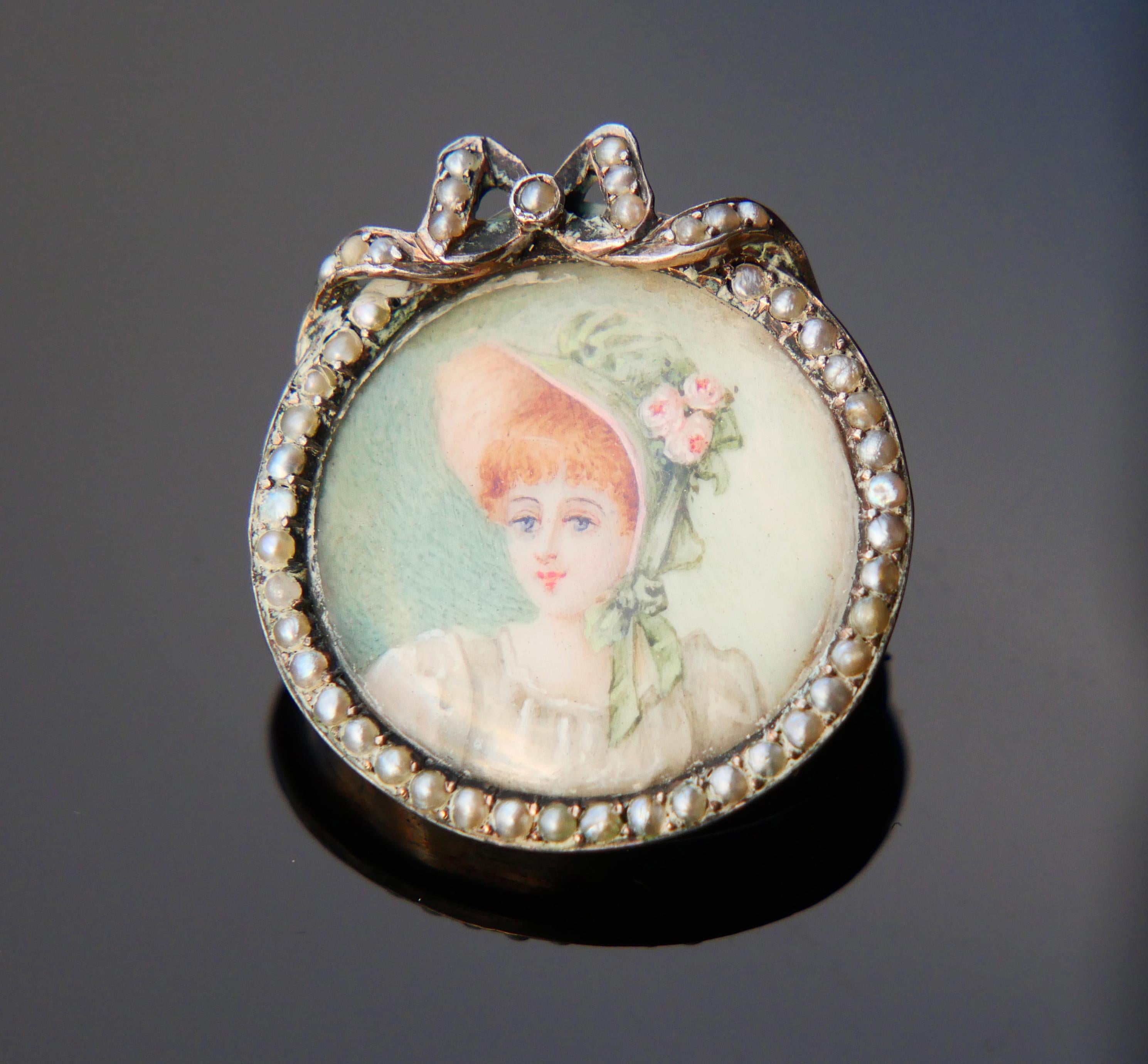 Arts and Crafts Antique Miniature Painting Pendentif Broche Seed Pearls Silver / 5.7 gr en vente