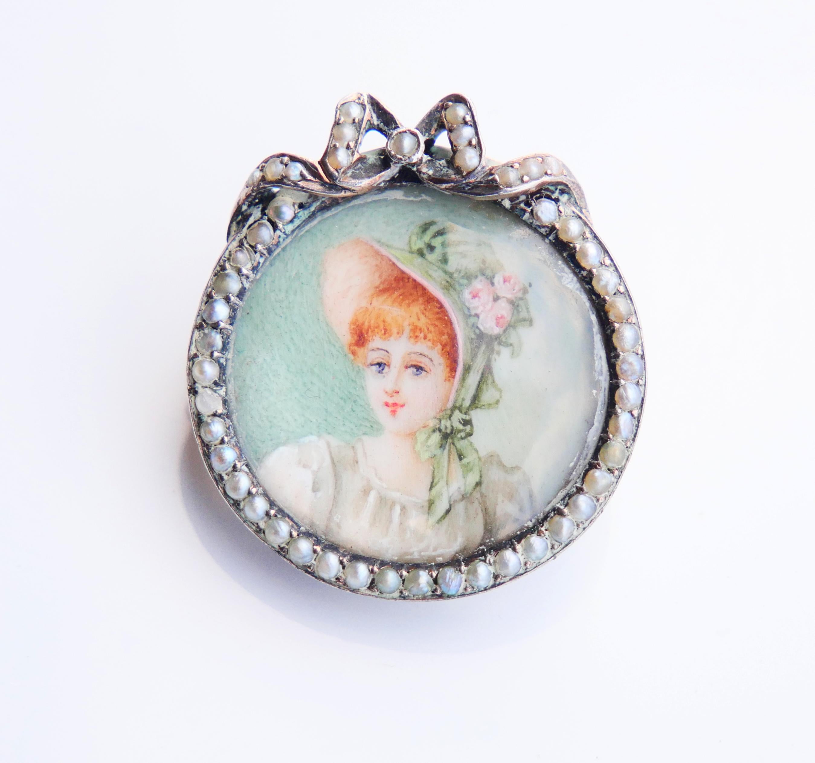 Portrait Cut Antique Miniature Painting Pendant Brooch Seed Pearls Silver / 5.7 gr For Sale