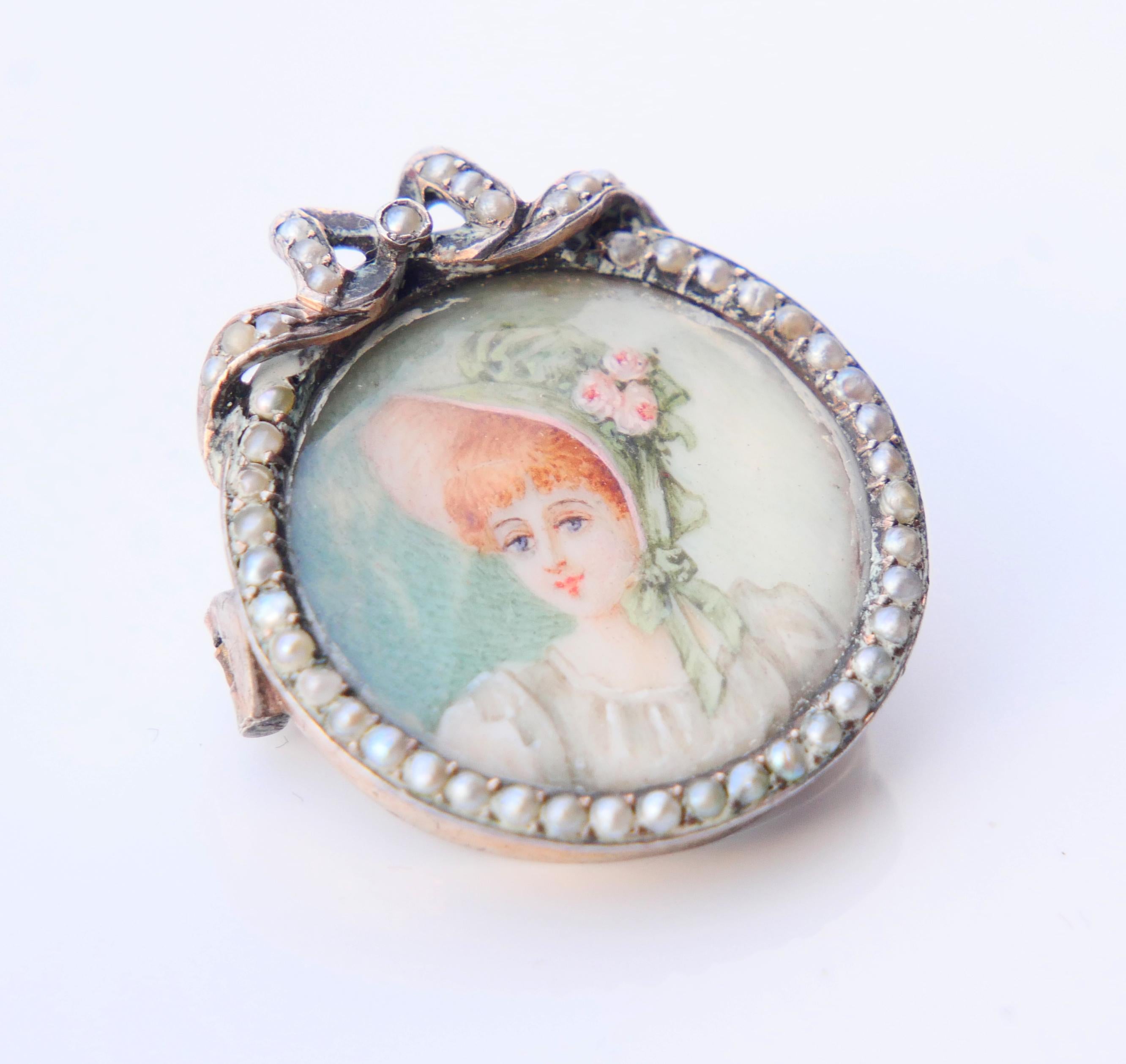 Women's Antique Miniature Painting Pendant Brooch Seed Pearls Silver / 5.7 gr For Sale