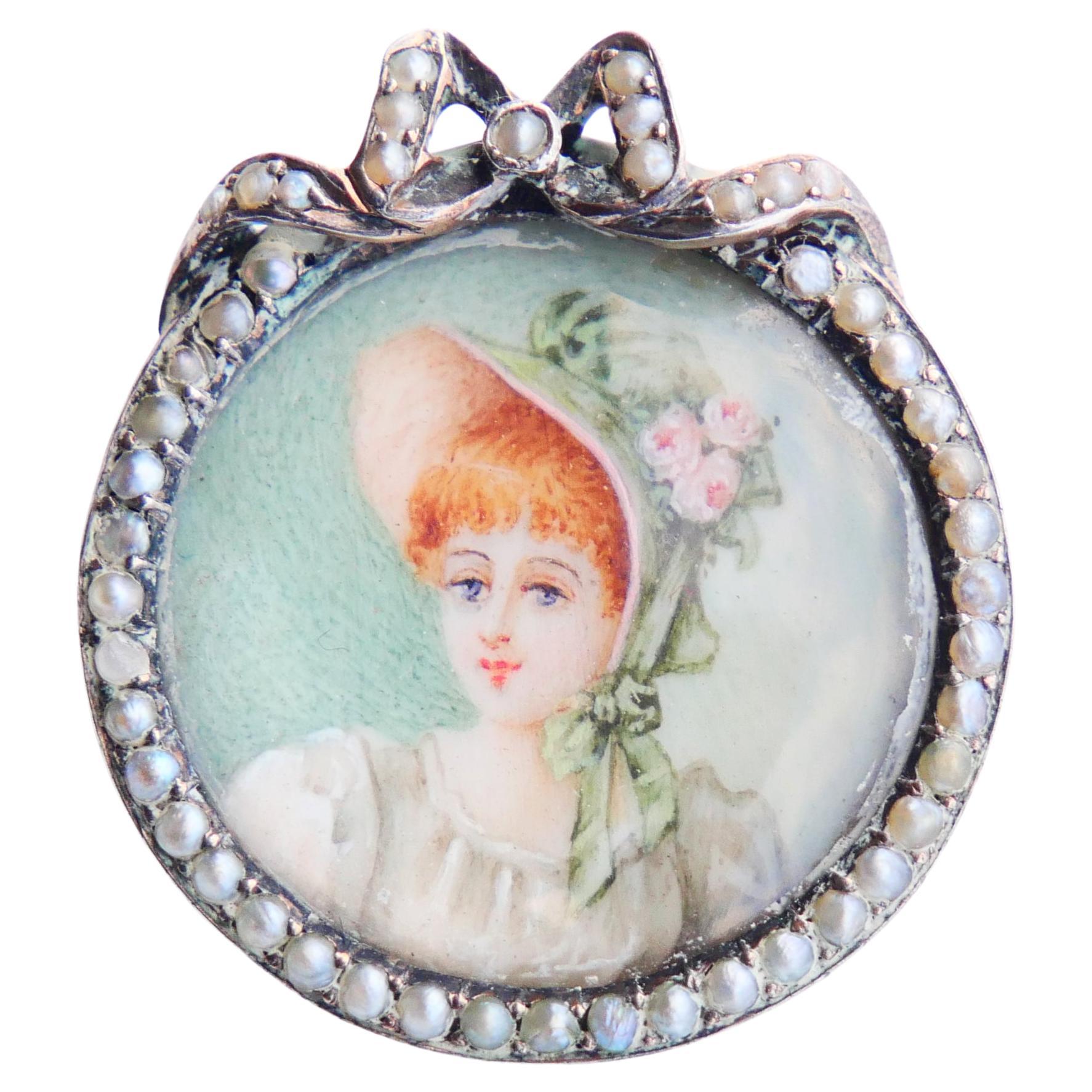 Antique Miniature Painting Pendant Brooch Seed Pearls Silver / 5.7 gr For Sale