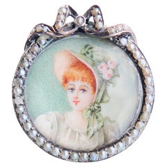 Antique Miniature Painting Pendentif Broche Seed Pearls Silver / 5.7 gr