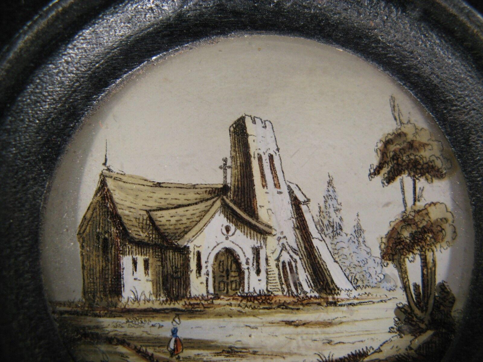 Pintura antigua en miniatura bajo vidrio: Paisaje arquitectónico con capilla 1Y98 Imperio