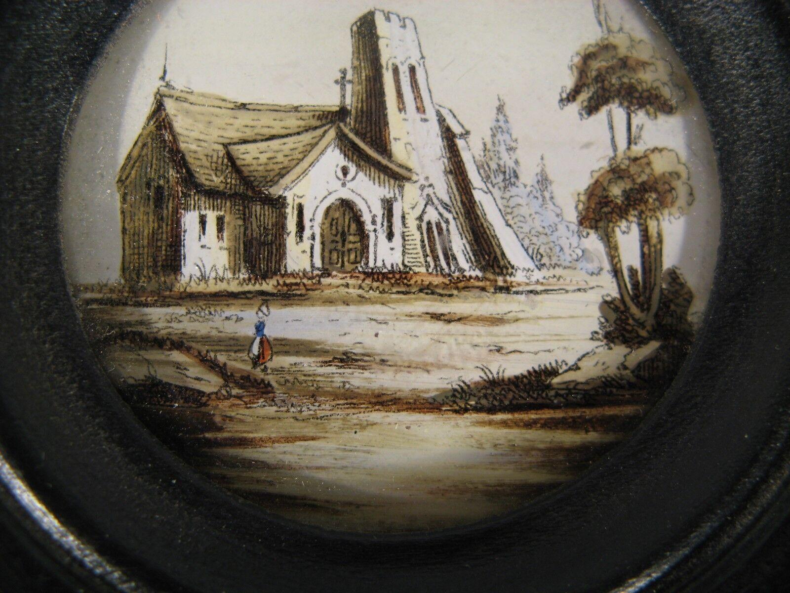 Pintura antigua en miniatura bajo vidrio: Paisaje arquitectónico con capilla 1Y98 Francés