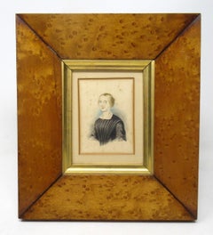 Antique Miniature Pair Watercolour Paintings Portrait Lady Birds Eye Maple Frame