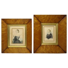 Antique Miniature Pair Watercolour Paintings Portrait Lady Birds Eye Maple Frame