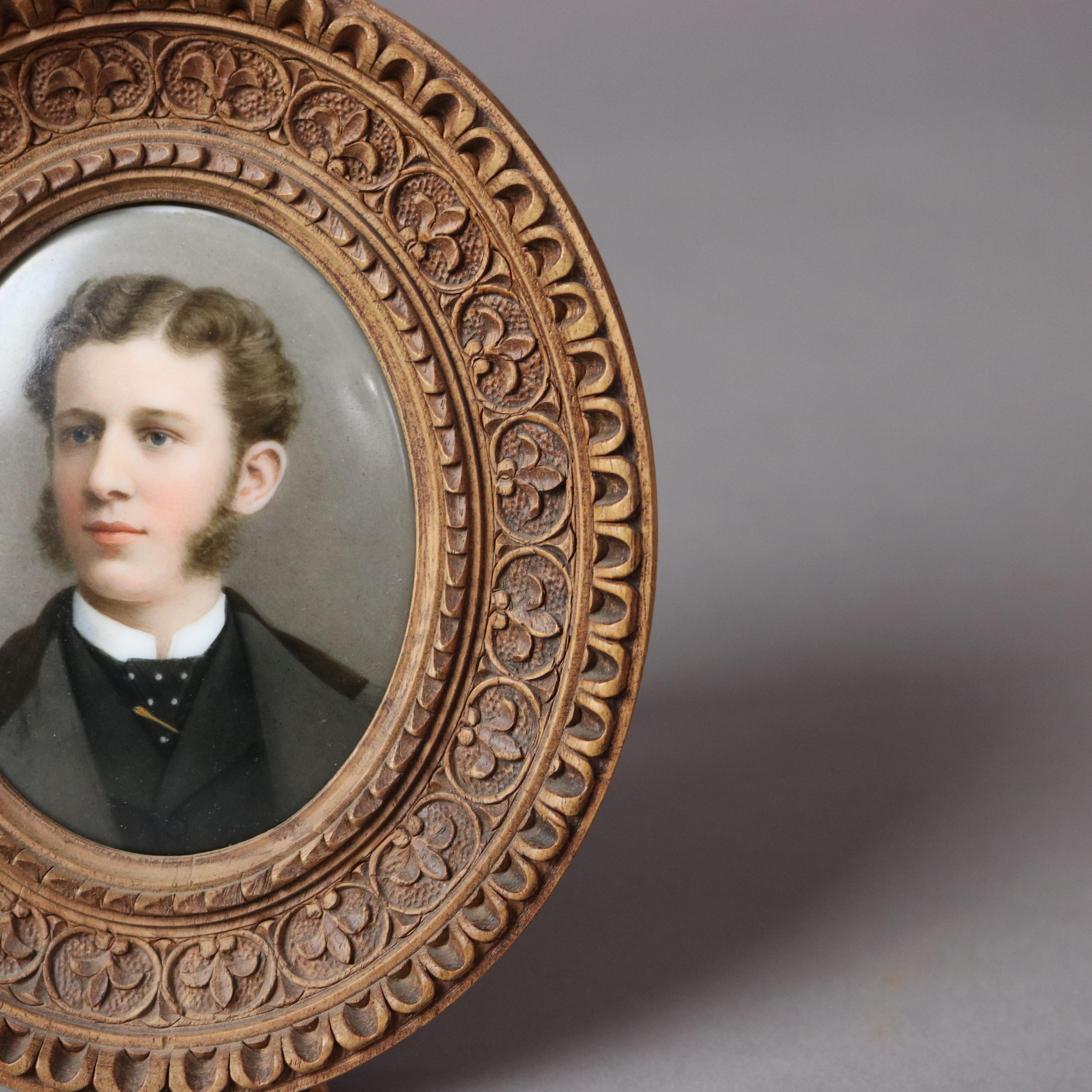 19th Century Antique Miniature Porcelain Portrait Plaque of Man in Carved Wood Frame C1890