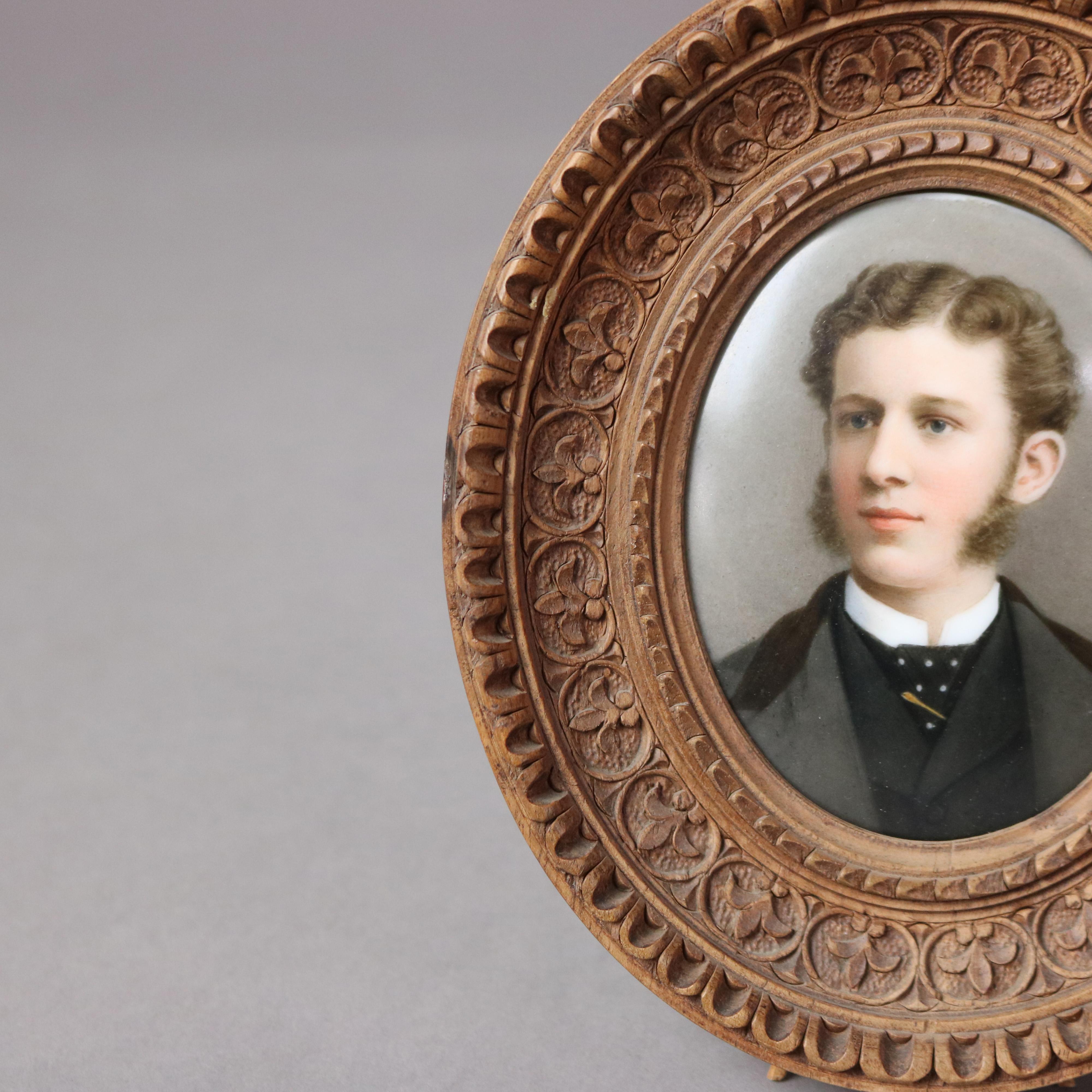 Antique Miniature Porcelain Portrait Plaque of Man in Carved Wood Frame C1890 1