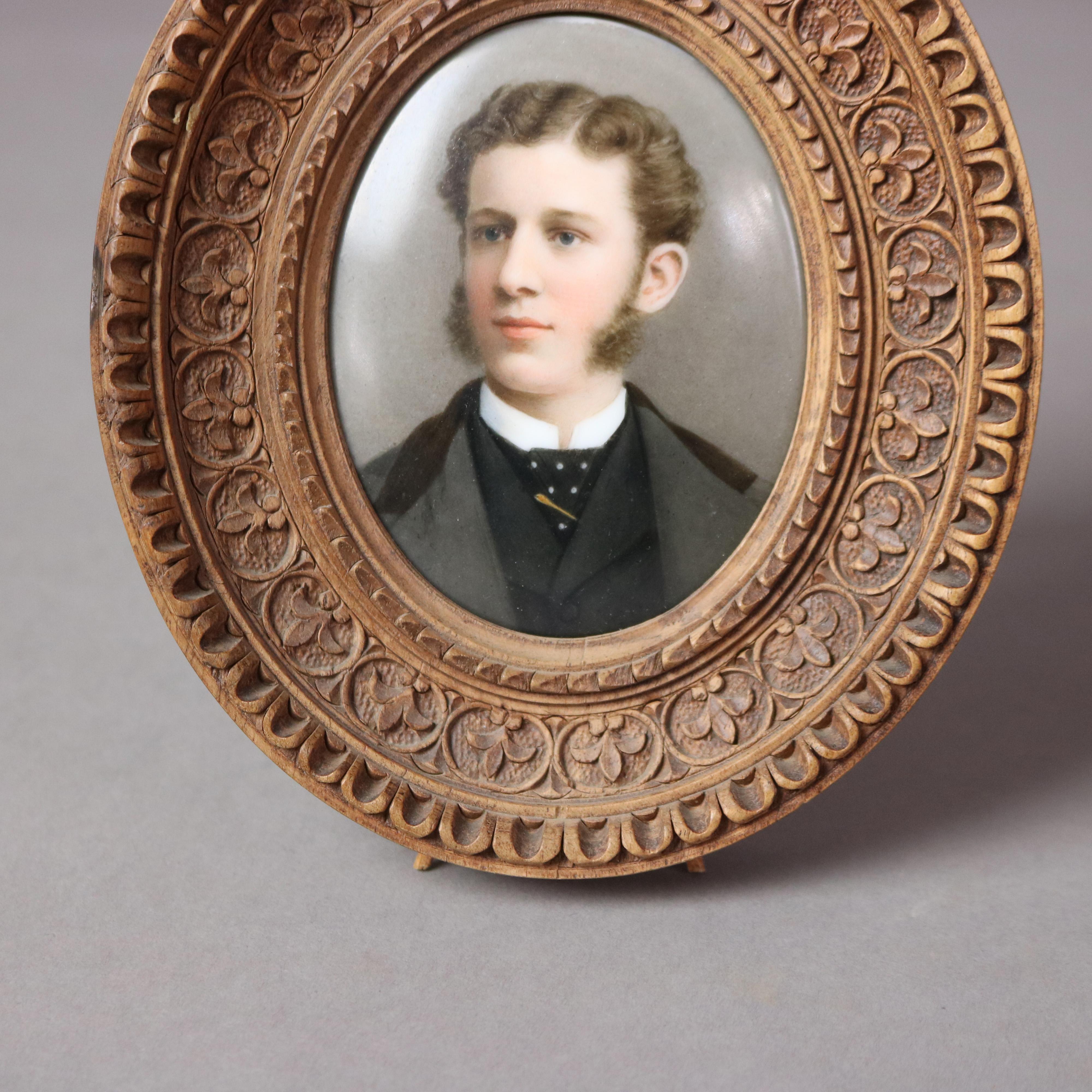 Antique Miniature Porcelain Portrait Plaque of Man in Carved Wood Frame C1890 2