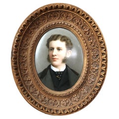 Antique Miniature Porcelain Portrait Plaque of Man in Carved Wood Frame C1890