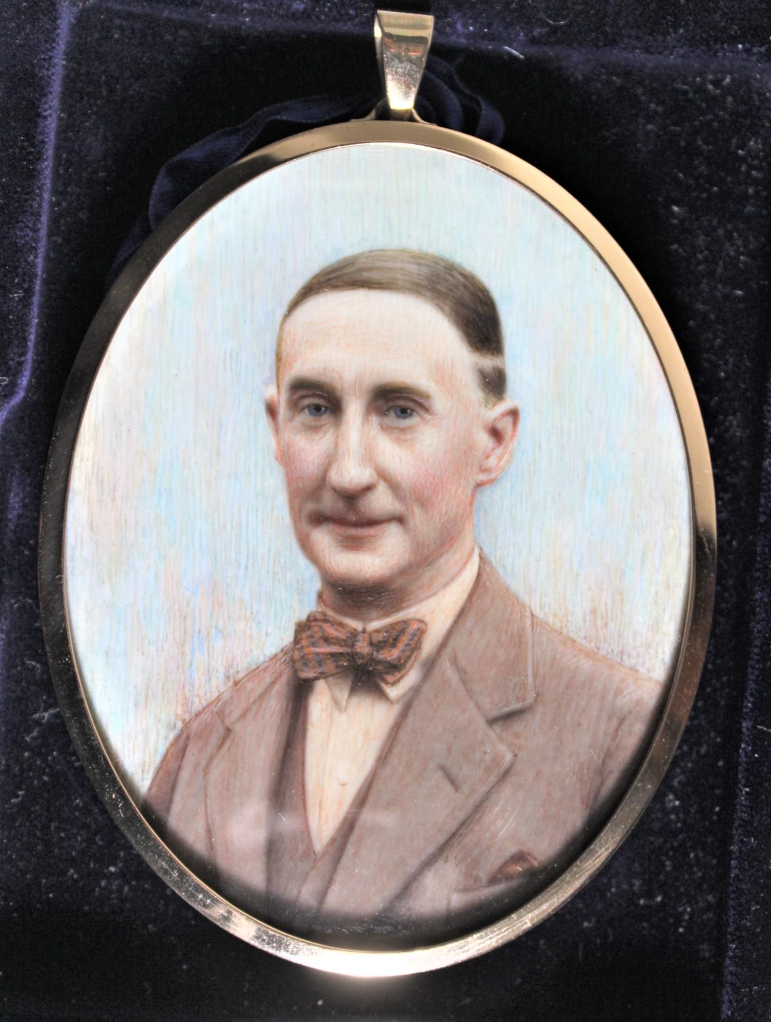 This well executed miniature portrait was made in England in approximately 1900 in the period Edwardian style and comes with its original fitted leather case. The painting is unsigned and there is no notation to identify the subject, but the