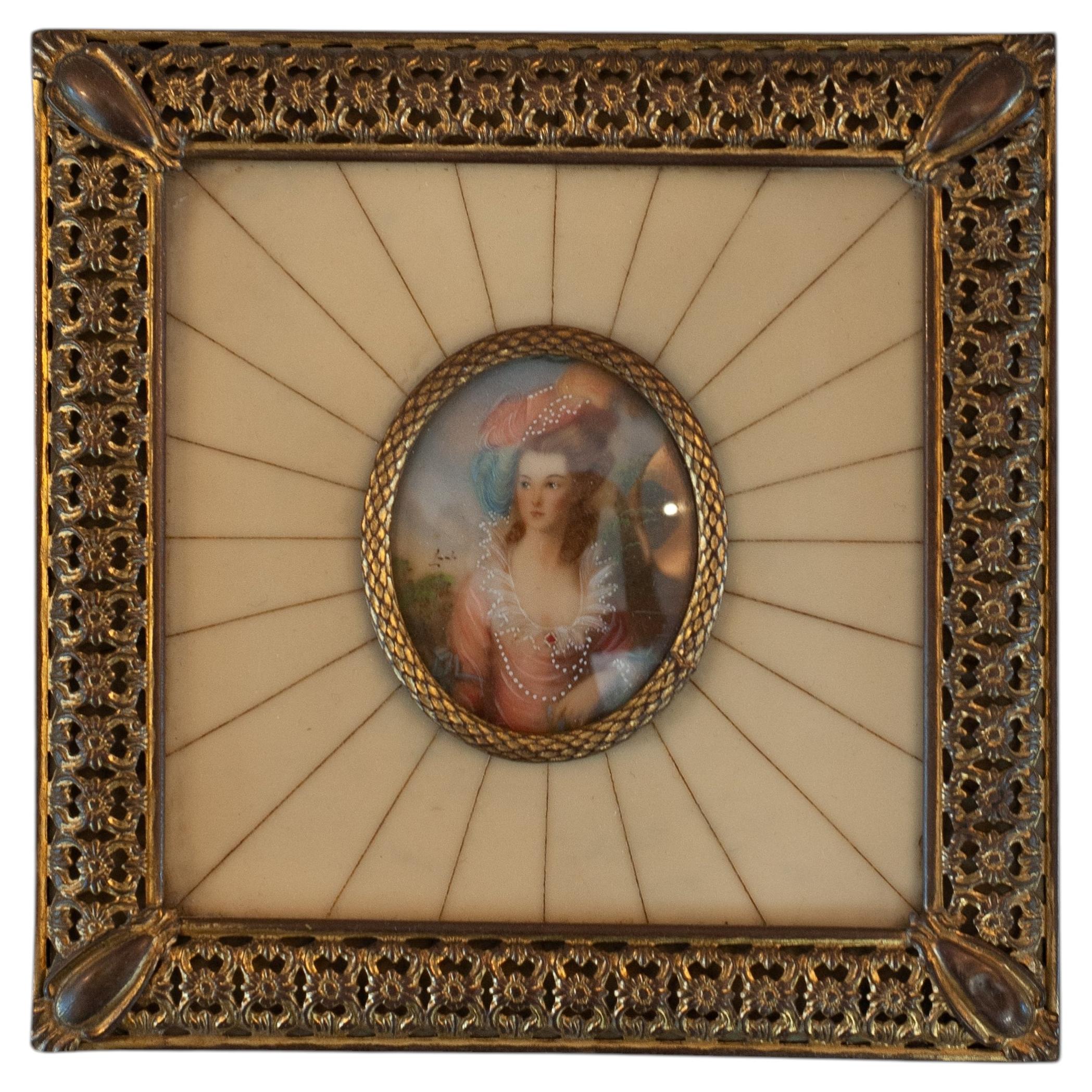Antique Miniature Portrait of a Noblewoman in Bronze Mount Frame For Sale