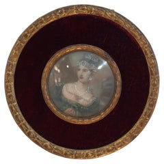 Antique Miniature Portrait of a Noblewoman in Bronze Mount Frame