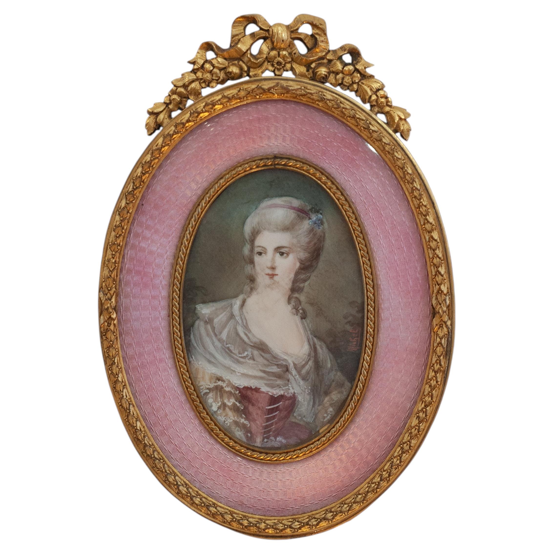 Antique Miniature Portrait of a Noblewoman in Guilloché Enamel Frame