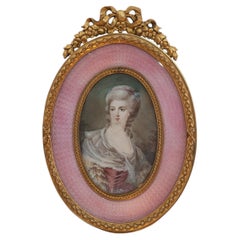 Antique Miniature Portrait of a Noblewoman in Guilloché Enamel Frame