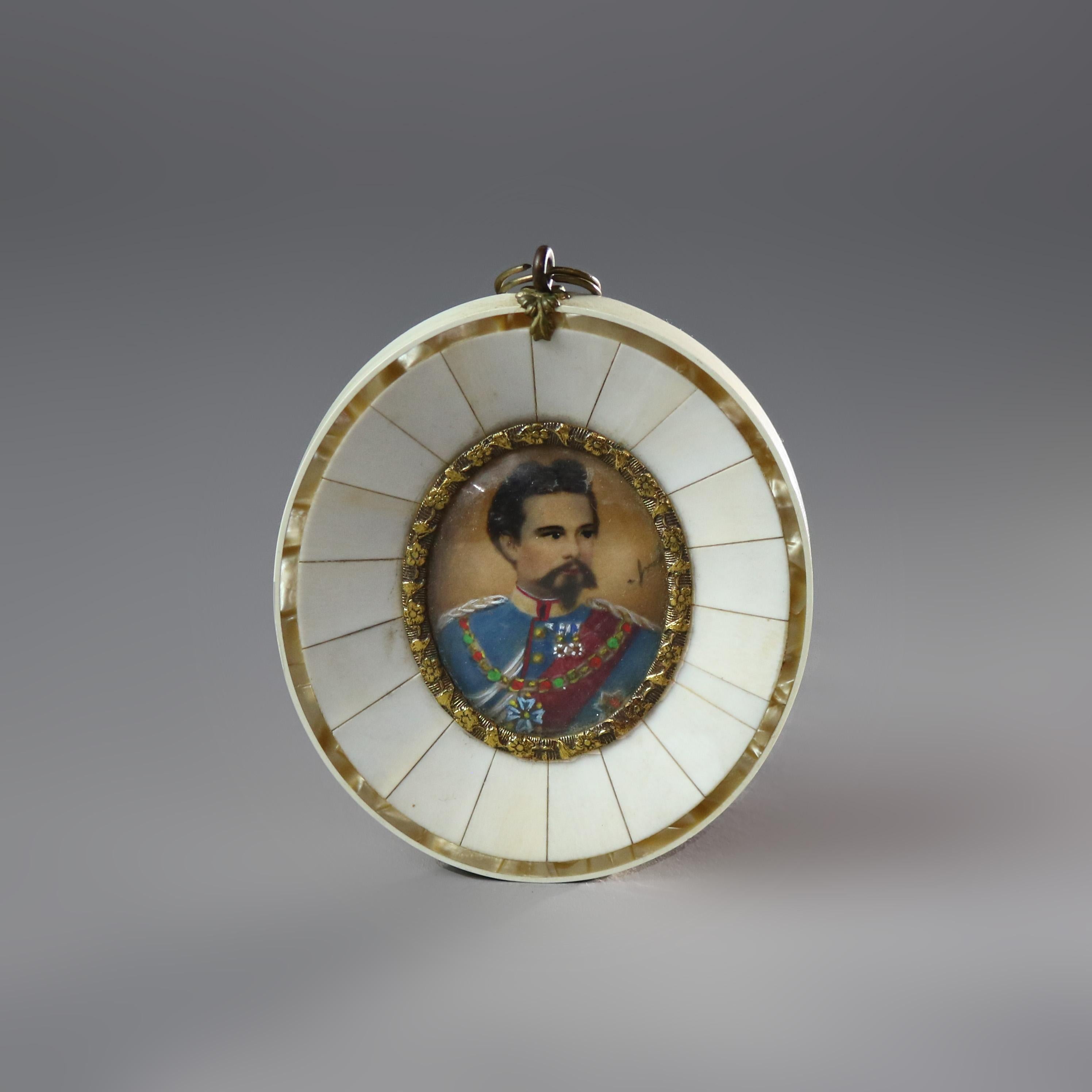 Antique Miniature Portrait of Konig Ludwig II with Mother of Pearl Frame 19thC In Good Condition For Sale In Big Flats, NY