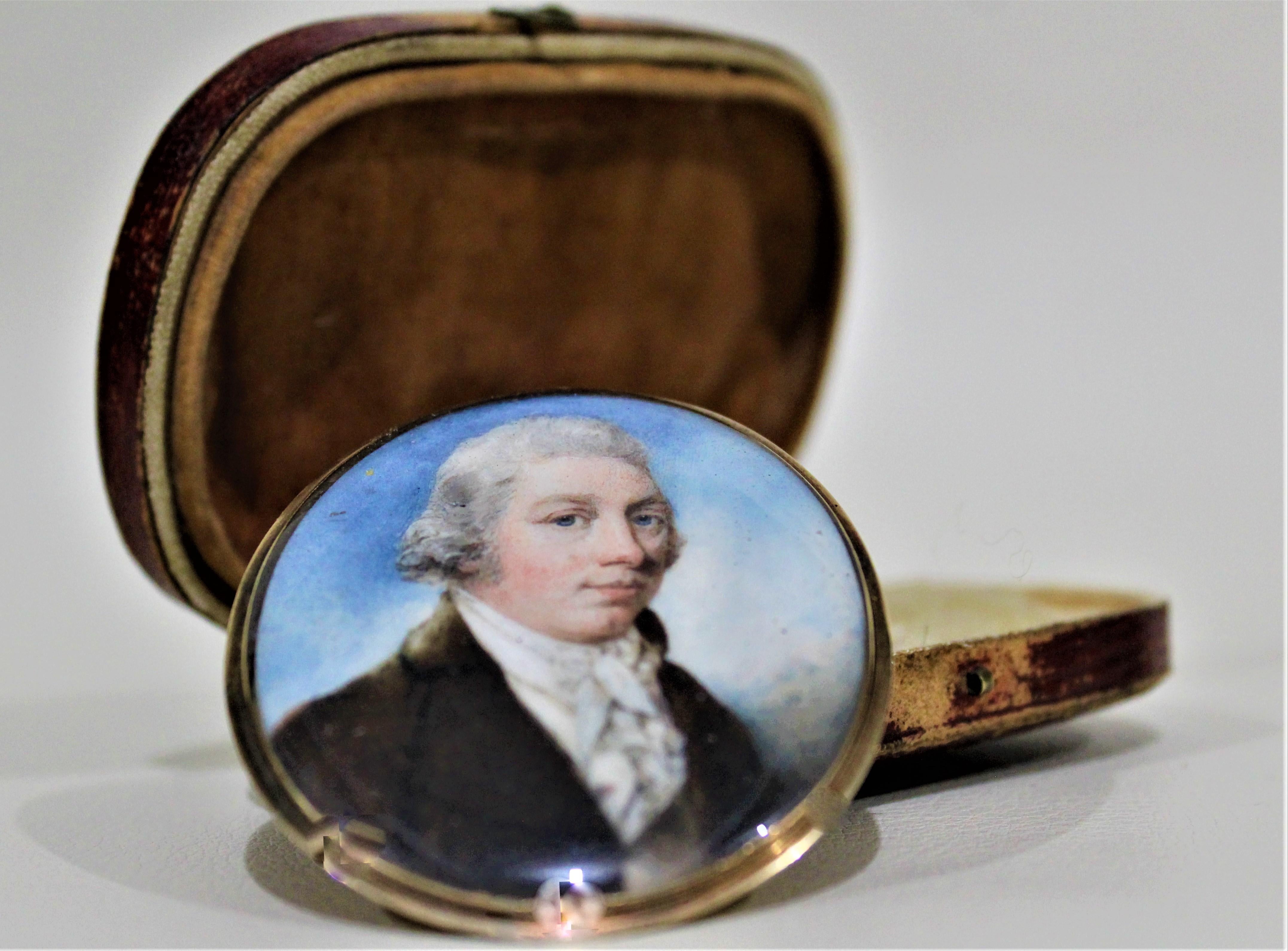 Metalwork Antique Miniature Portrait on Bone with Fitted Case 14-Karat Yellow Gold Brooch For Sale