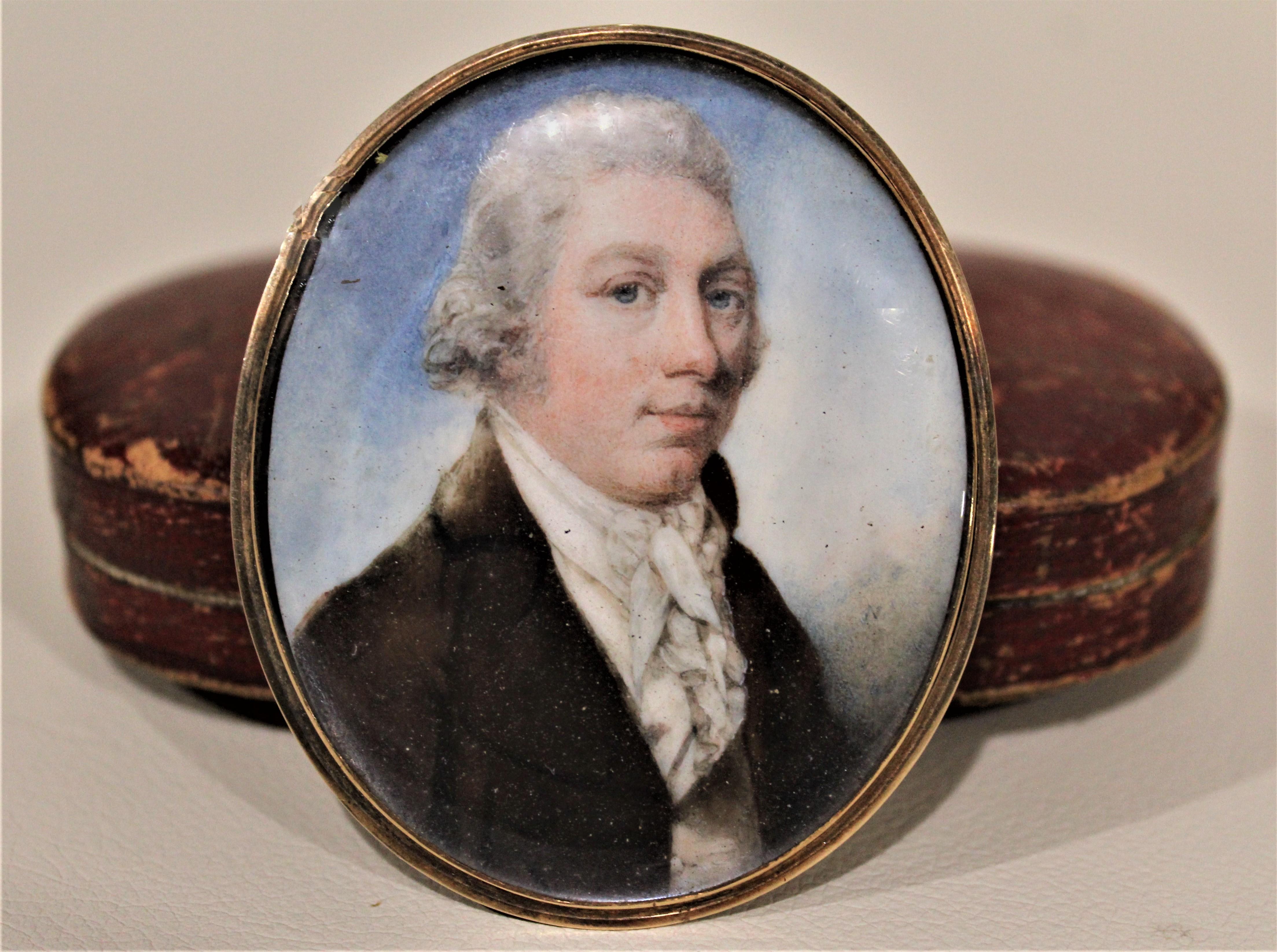 17th Century Antique Miniature Portrait on Bone with Fitted Case 14-Karat Yellow Gold Brooch For Sale