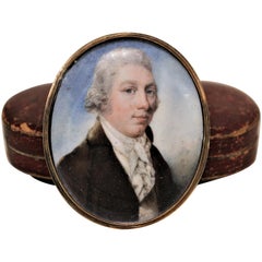 Antique Miniature Portrait on Bone with Fitted Case 14-Karat Yellow Gold Brooch