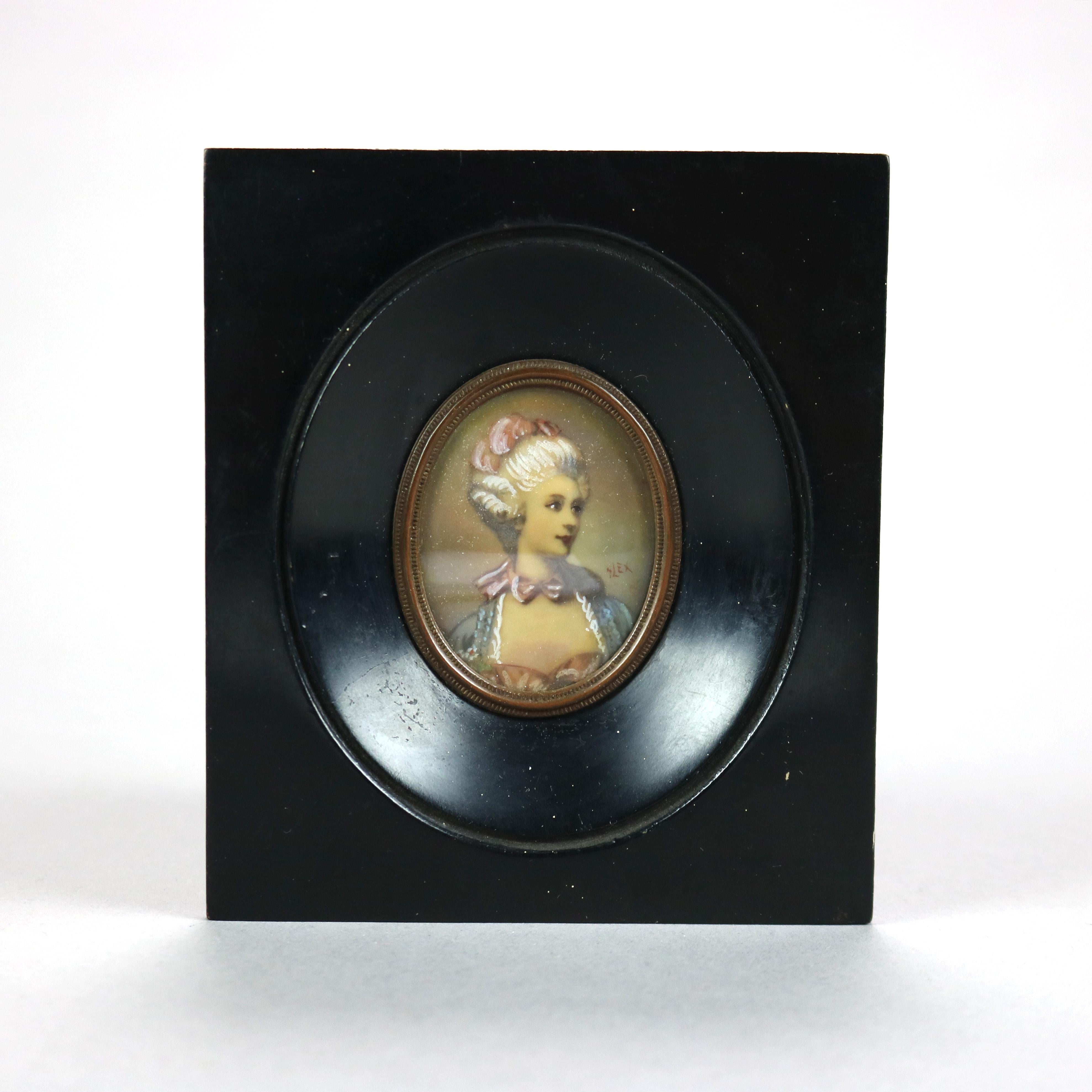 An antique miniature portrait painting on celluloid of Marie Antoinette seated in parcel gilt frame, artist signed Alex lower right, late 19th century

Measures - 4.75'' H x 4.25'' W x .75'' D.

Catalogue Note: Ask about DISCOUNTED DELIVERY RATES
