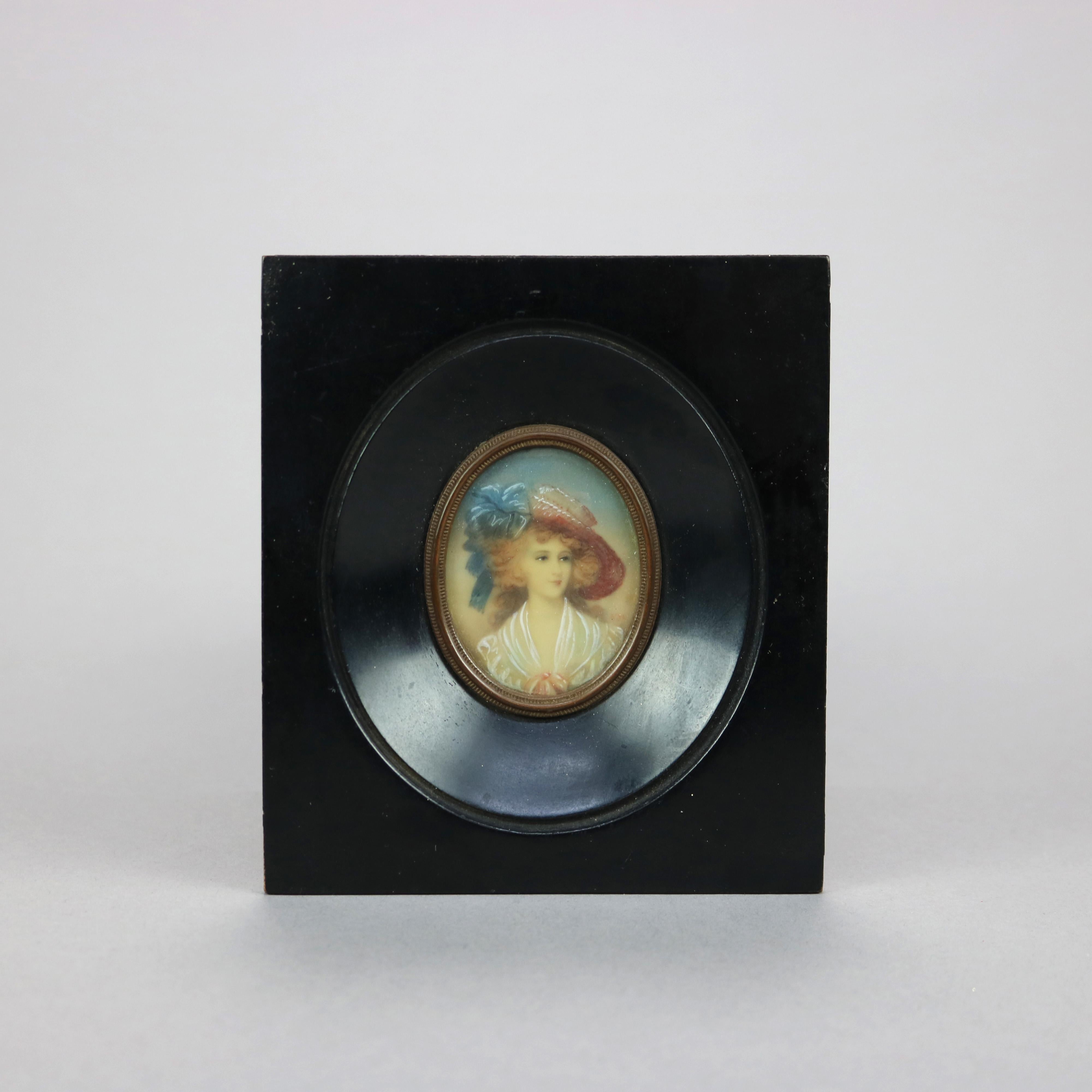 An antique miniature portrait painting on celluloid of Marie Antoinette seated in parcel gilt frame, artist signed Alex lower right, late 19th century

Measures- 4.75''H x 4.25''W x .75''D.

Catalogue Note: Ask about DISCOUNTED DELIVERY RATES