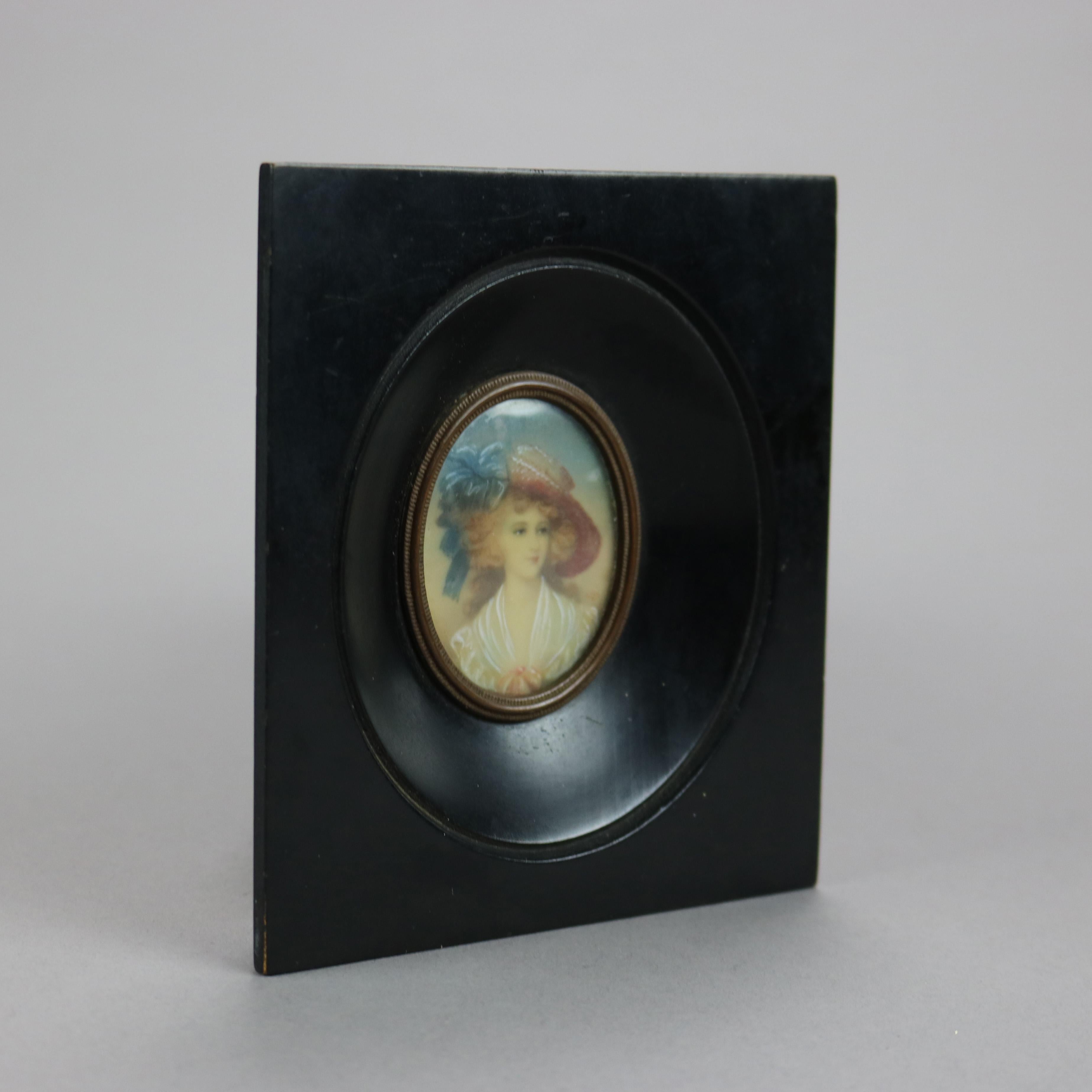 Hand-Painted Antique Miniature Portrait Painting on Celluloid of a Young Lady Late 19th C For Sale