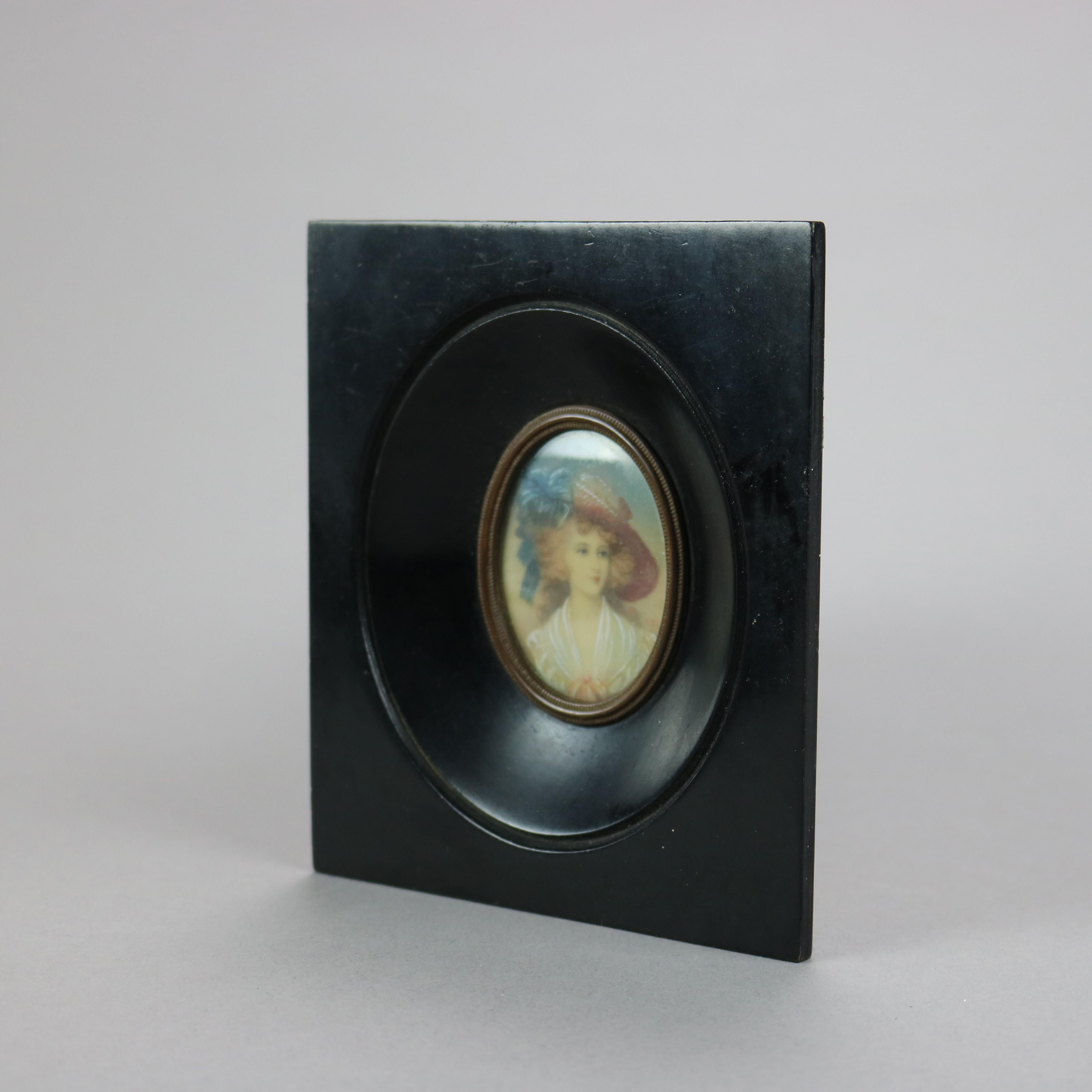 Antique Miniature Portrait Painting on Celluloid of a Young Lady Late 19th C In Good Condition For Sale In Big Flats, NY