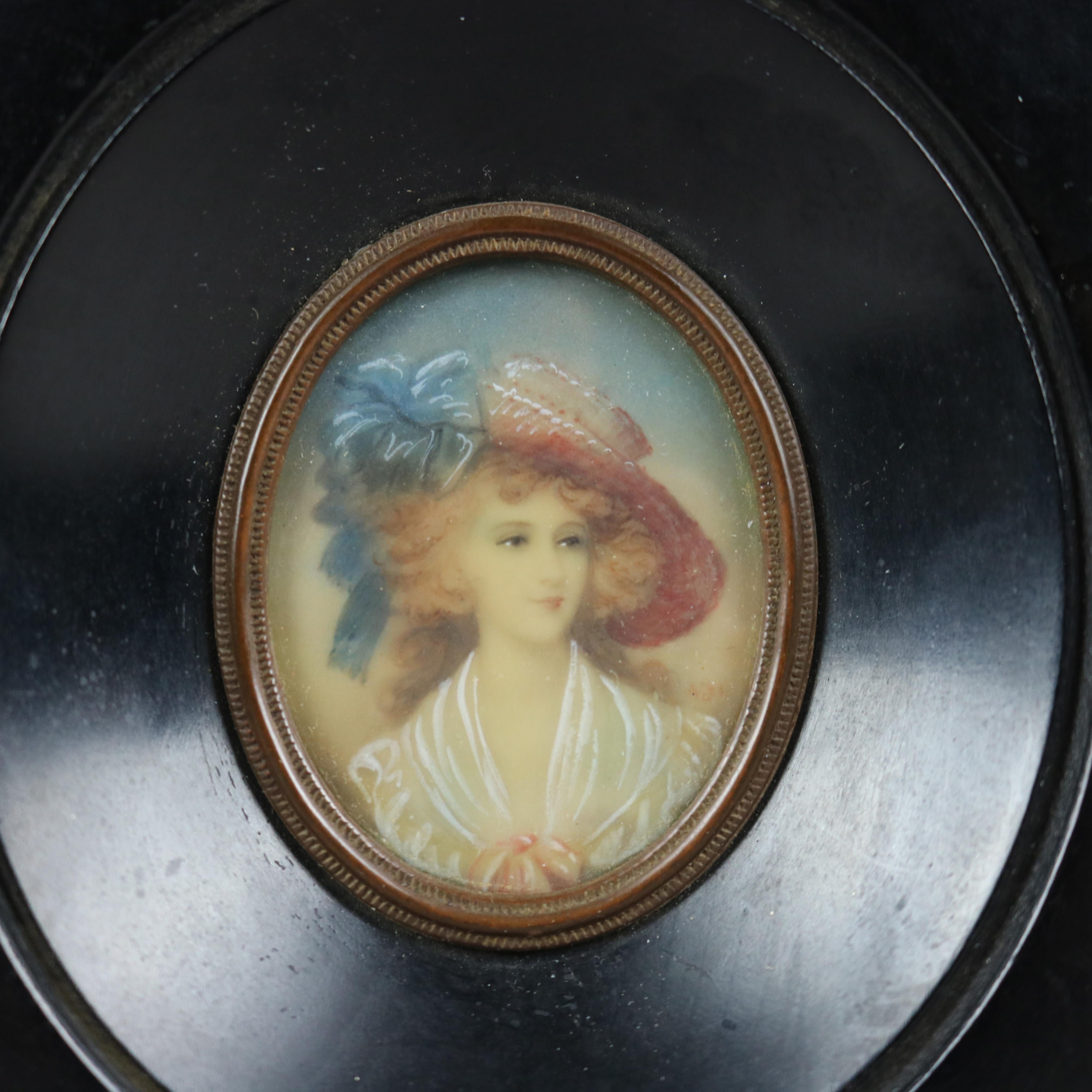 19th Century Antique Miniature Portrait Painting on Celluloid of a Young Lady Late 19th C For Sale