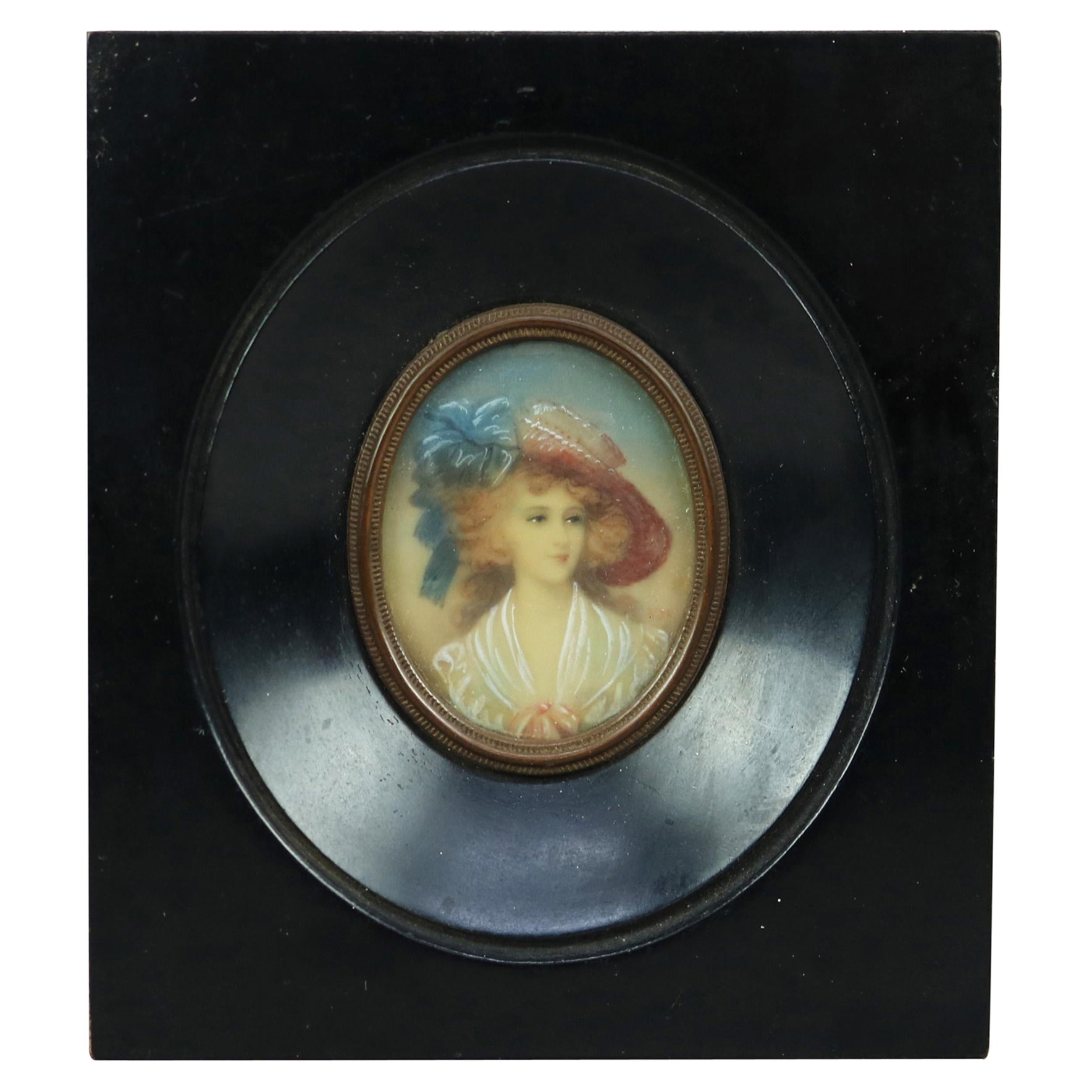 Antique Miniature Portrait Painting on Celluloid of a Young Lady Late 19thC